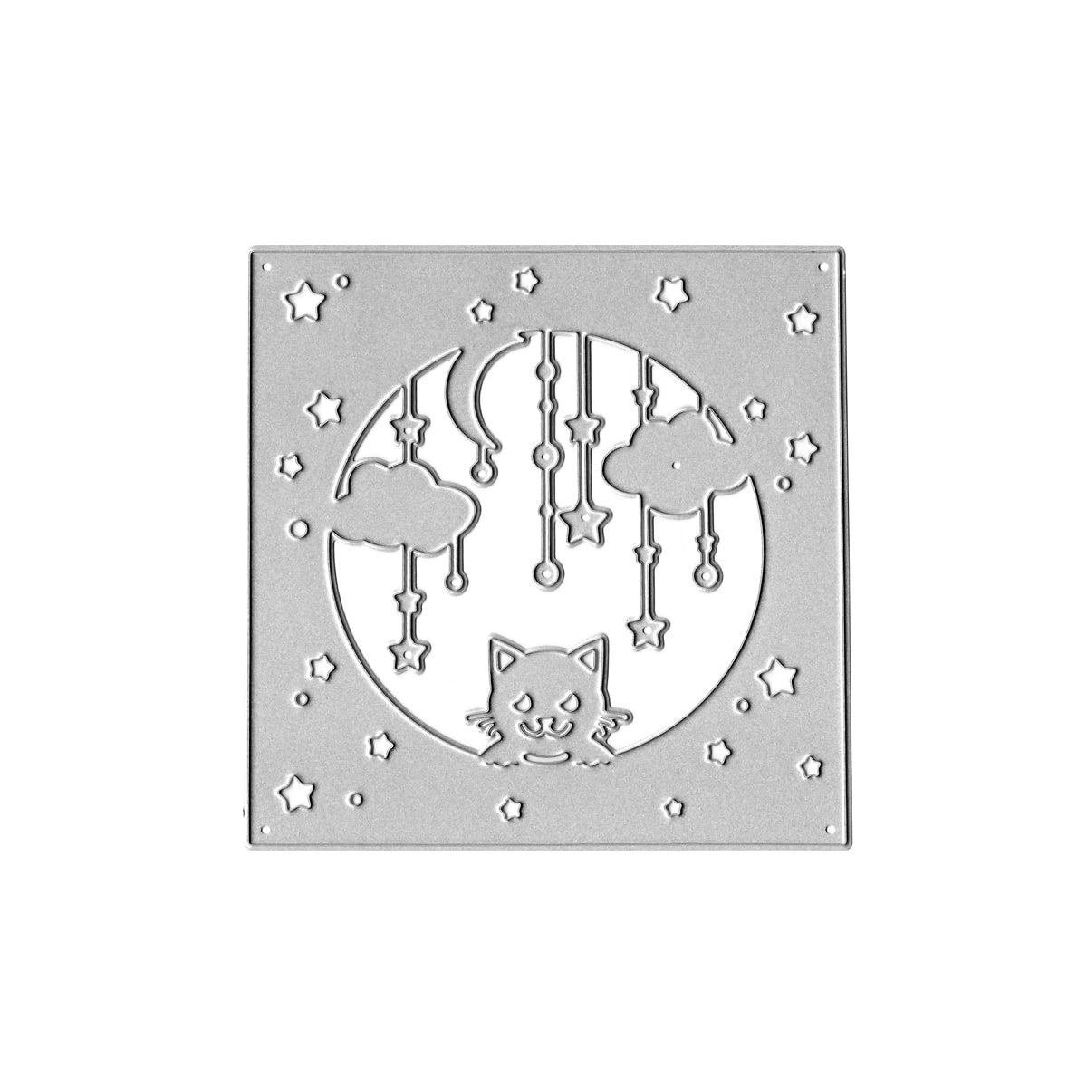 Die Stanzschablone Nachthimmel mit Katze von Stanzenshop.de zeigt ein Katzengesicht, Wolken, Sterne und Halbmonde im Kreis - ideal für Baby-Projekte oder zauberhafte Sternennächte zum Basteln.