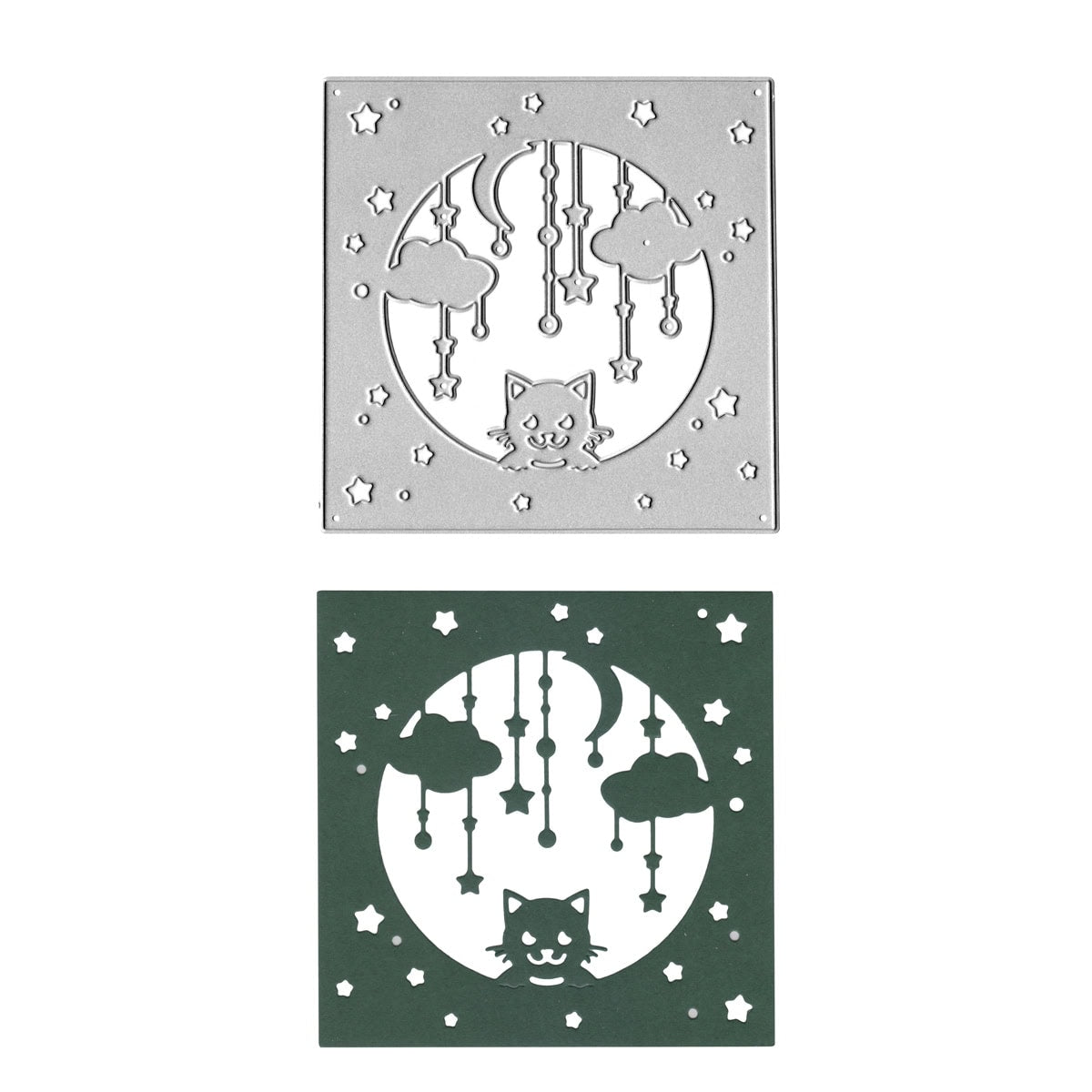 Zwei quadratische Ausschnitte aus der "Stanzschablone Nachthimmel mit Katze" von Stanzenshop.de zeigen ein Katzengesicht unter Wolken, Sternen und einer Mondsichel - ideal für Baby-Projekte oder kreative Sternennächte zum Basteln.