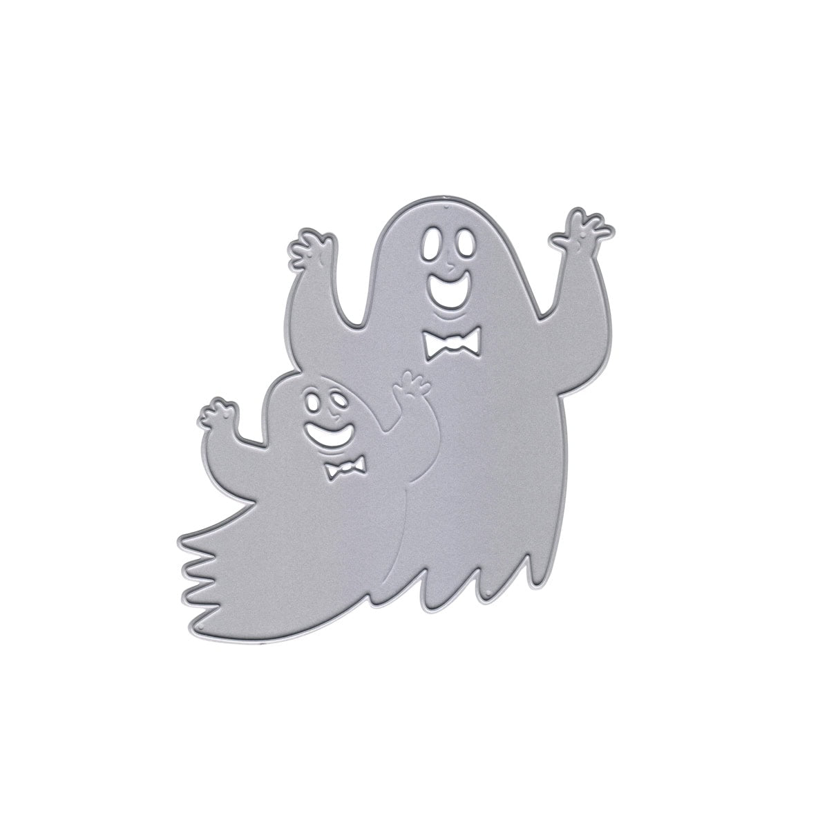 Die Stanzschablone fröhliche Geister von Stanzenshop.de zeigt zwei lachende Cartoon-Geister mit Fliegen, erhobenen Armen und weißem Hintergrund - ideal für Geister Basteln oder Kinderbasteleien zu Halloween.