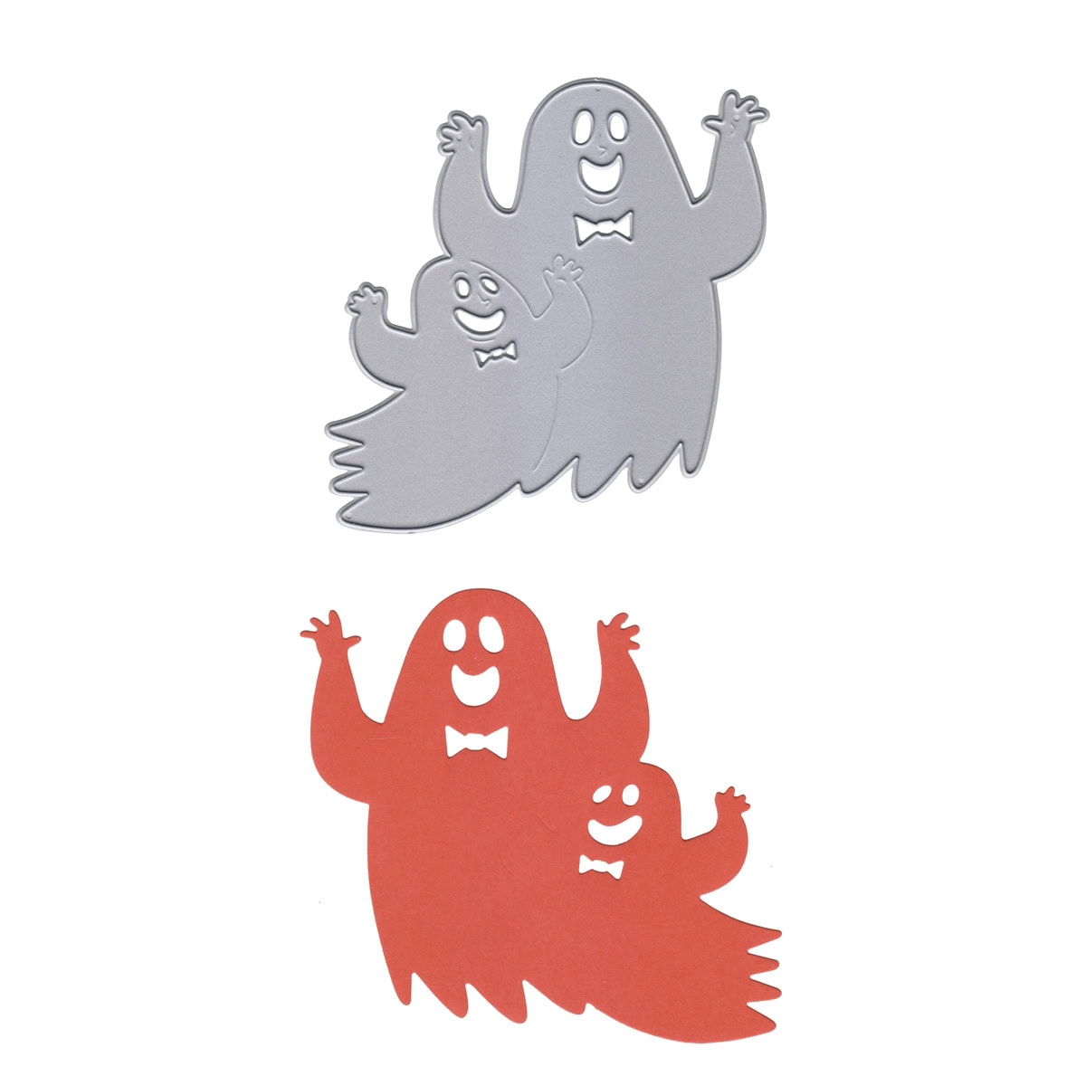 Die Stanzschablone fröhliche Geister von Stanzenshop.de schneidet niedliche, lächelnde Cartoon-Geister mit erhobenen Armen und Fliege - ideal für Halloween-Basteleien und Kinderprojekte.