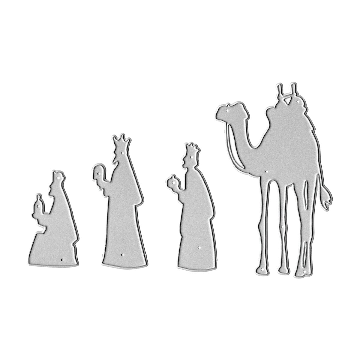 Die Stanzschablone Heilige Drei Könige & Kamel von Stanzenshop.de zeigt vier silberne Metallstanzformen mit den Heiligen Drei Königen und ihrem Kamel - ideal für festliche Bastelarbeiten und kreative Weihnachtsprojekte.