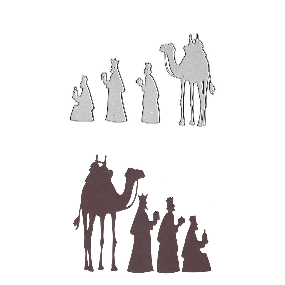 Die Stanzschablone Heilige Drei Könige & Kamel von Stanzenshop.de enthält Metallstempel der drei Weisen und eines Kamels, sowie passende Silhouetten-Stanzen aus Papier - ideal für festliche Bastelideen zur Weihnachtsgeschichte.