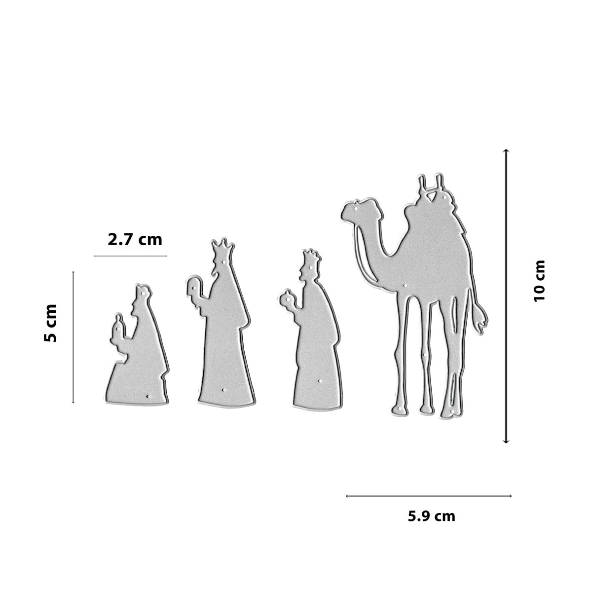 Die Stanzschablone Heilige Drei Könige & Kamel von Stanzenshop.de besteht aus vier Metallstempeln - drei 5 cm große Könige im Gewand und ein 10 cm großes Kamel (Breite: 2,7/5,9 cm) - und eignet sich perfekt für festliche Bastelarbeiten, die von der Weihnachtsgeschichte inspiriert sind.