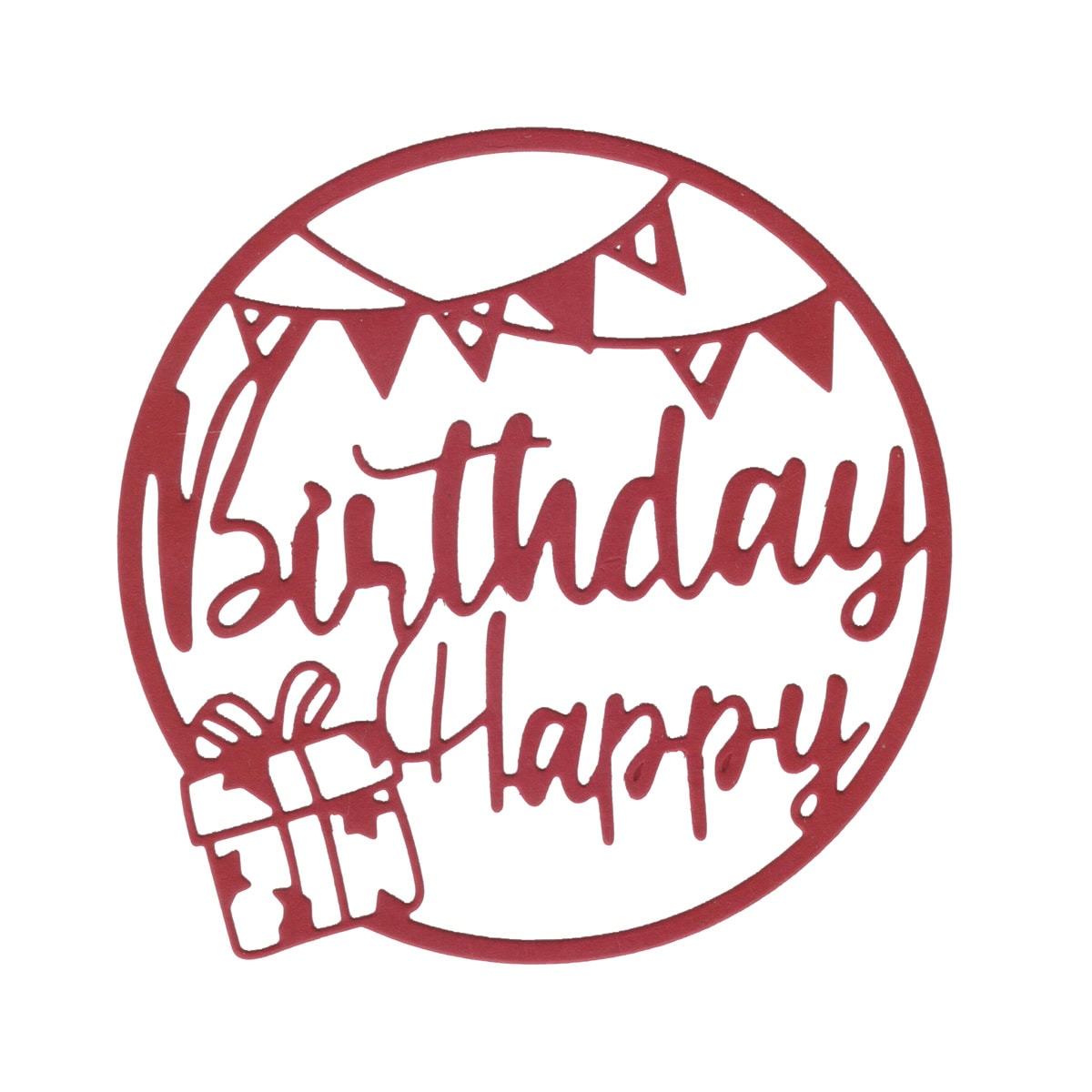 Die "Stanzschablone Happy Birthday im Kreis mit Geschenk" von Stanzenshop.de verfügt über einen roten Kreisausschnitt mit Schriftzug, Geschenkbox und Fähnchen - ideal für Bastelprojekte oder zur Kombination mit Ihrer Lieblingsstanze!.
