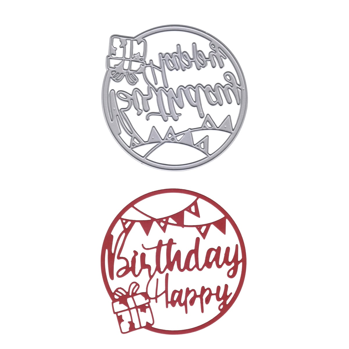 Feiern Sie besondere Momente mit der "Stanzschablone Happy Birthday im Kreis mit Geschenk" von Stanzenshop.de-im kreisförmigen Happy Birthday Design mit Geschenk und Wimpel, ideal für Bastelprojekte und kreative Karten.