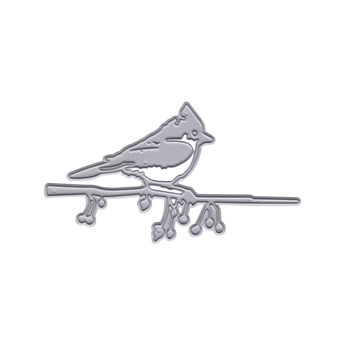 Die Stanzschablone Vogel auf Zweig von Stanzenshop.de zeigt einen minimalistischen, metallischen Vogel auf einem Beerenzweig - ideal für kreative Bastelprojekte und Cardmaking mit Stanze auf weißem Hintergrund.