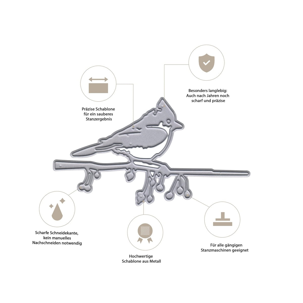 Die Stanzschablone Vogel auf Zweig von Stanzenshop.de überzeugt mit Präzision, Langlebigkeit und scharfer Schneide-ideal für Bastelprojekte und kompatibel mit Schneidemaschinen.