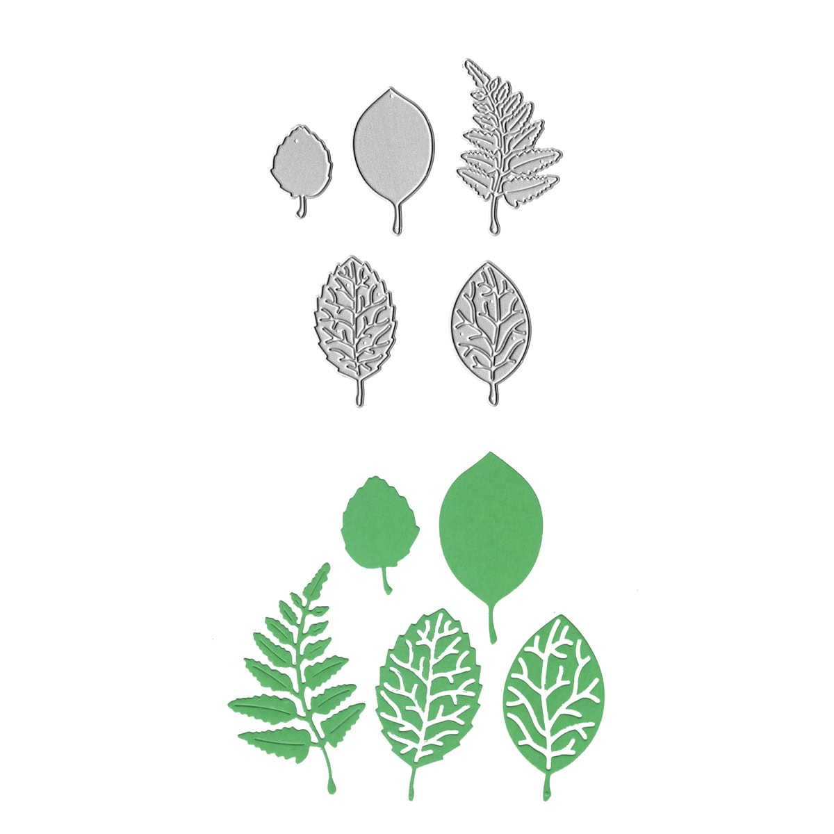 Die Stanzschablone Herbstliche Blätter von Stanzenshop.de enthält sechs Metallstanzen über passenden grünen Papierausschnitten - ideal für Deko, Scrapbooking und Collagen mit detaillierten Blattformen und Adermustern.