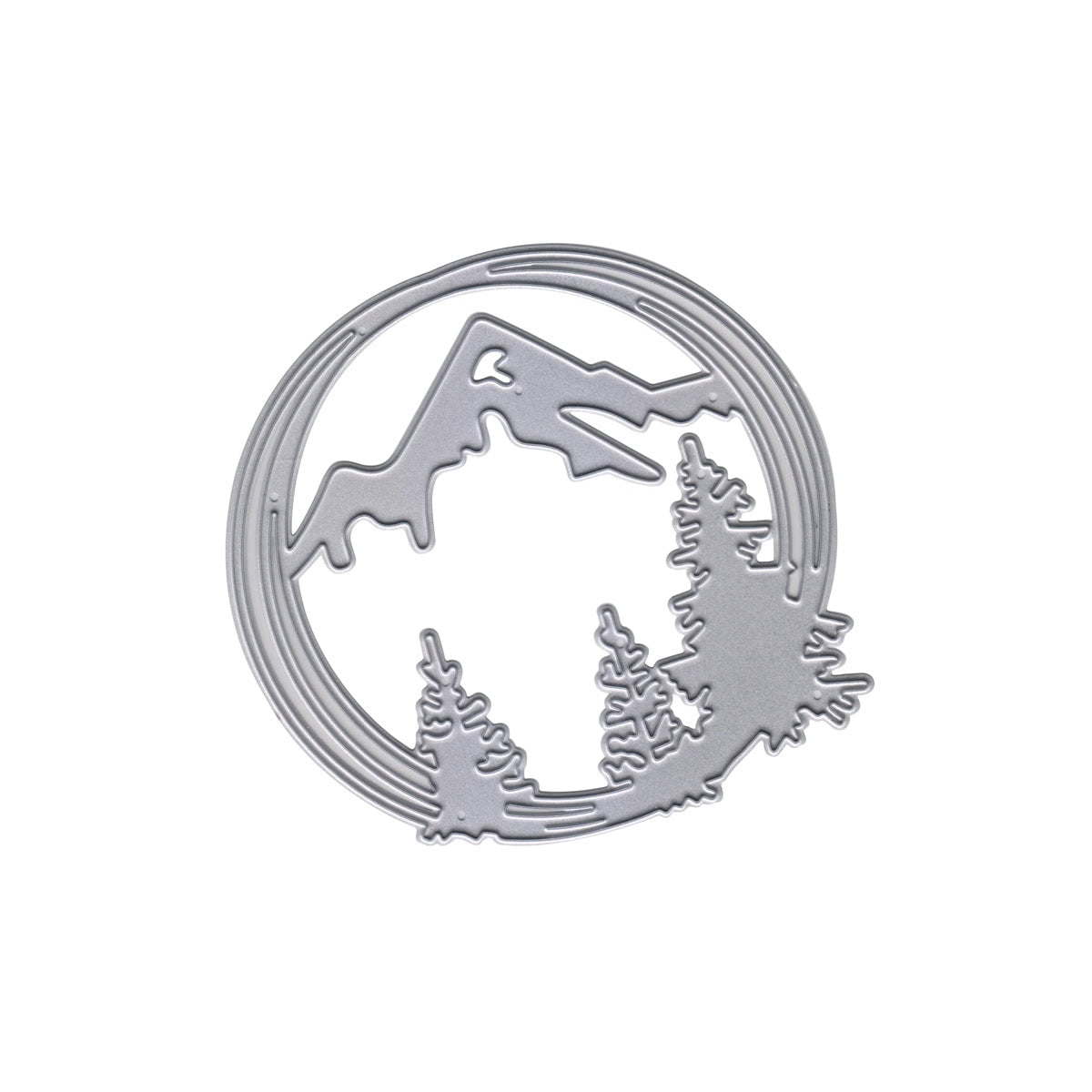 Die Stanzschablone Bergpanorama im Kreis von Stanzenshop.de ist ein silberner Metallstempel in Kreisform mit Berg- und Tannenbaummotiv - ideal für Bastelprojekte.