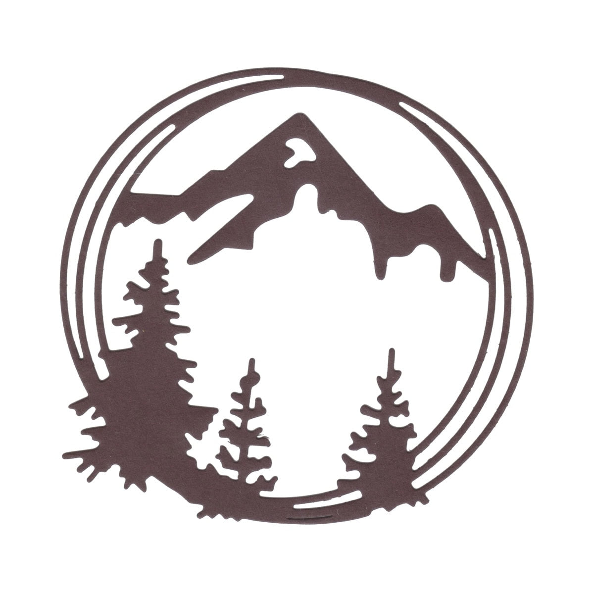 Die Stanzschablone "Bergpanorama im Kreis" von Stanzenshop.de zeigt Tannenbäume und einen Berggipfel im Kreis - ideal für Ihre nächsten Bastelprojekte.