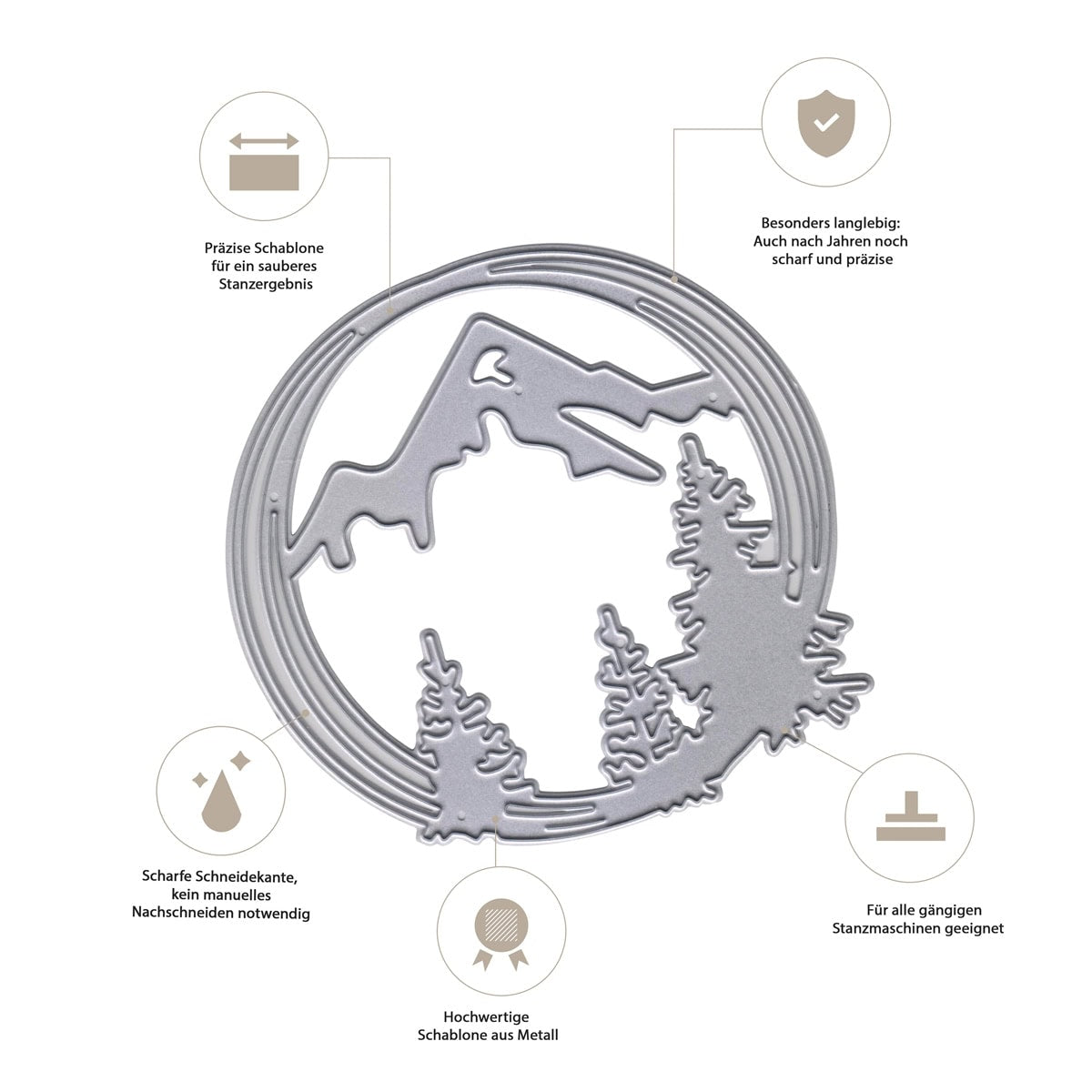 Die Stanzschablone "Bergpanorama im Kreis" von Stanzenshop.de zeigt Berge und Bäume mit deutscher Beschriftung und Produkticons - ideal für kreative Bastelprojekte.