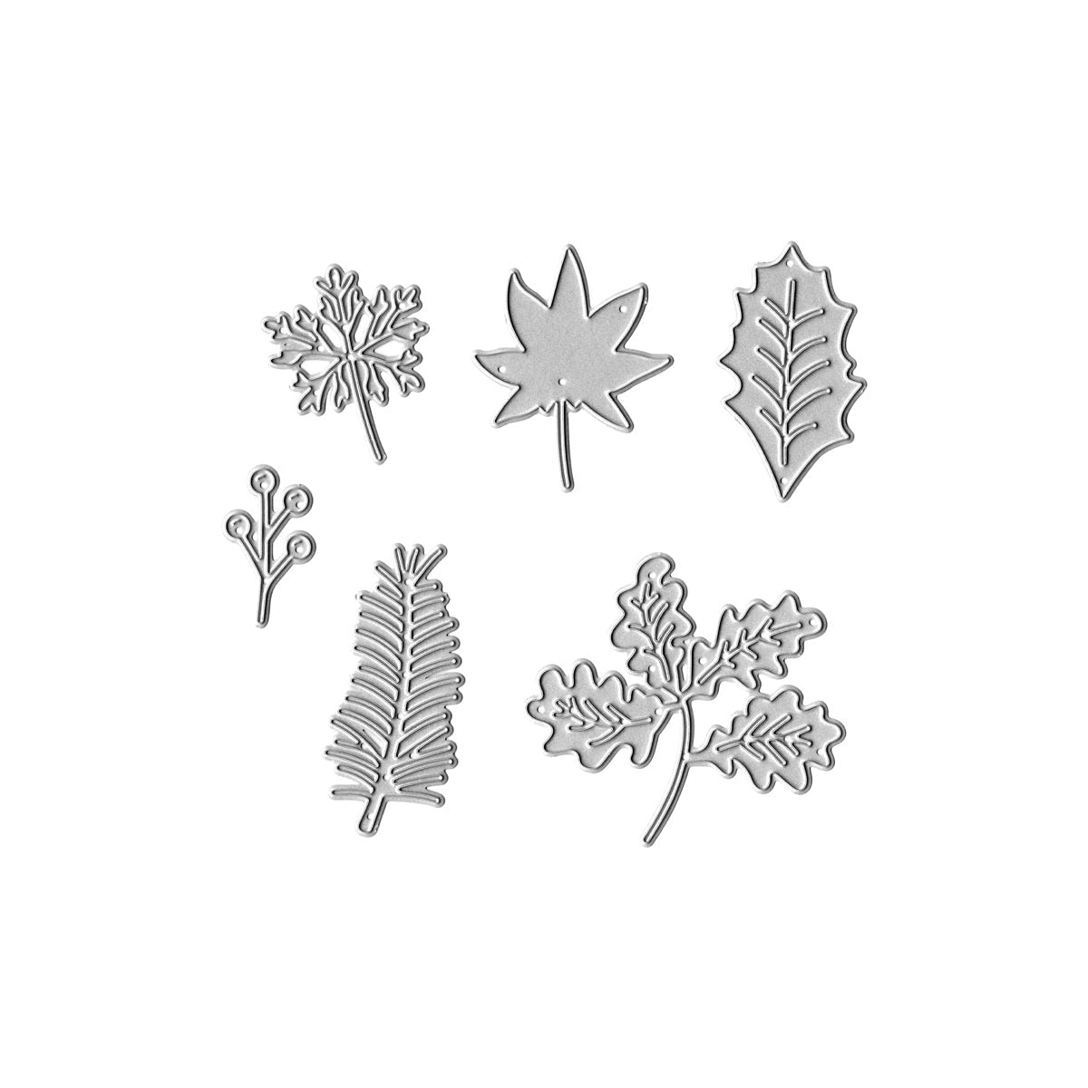 Stanzschablone verschiedene Blätter von Stanzenshop.de: Sechs silberne Metall-Blattmotive auf weißem Hintergrund - ideal für DIY-Ideen und Bastelprojekte. Jede Stanze sorgt für individuelle Blätter-Deko in deinen kreativen Werken.