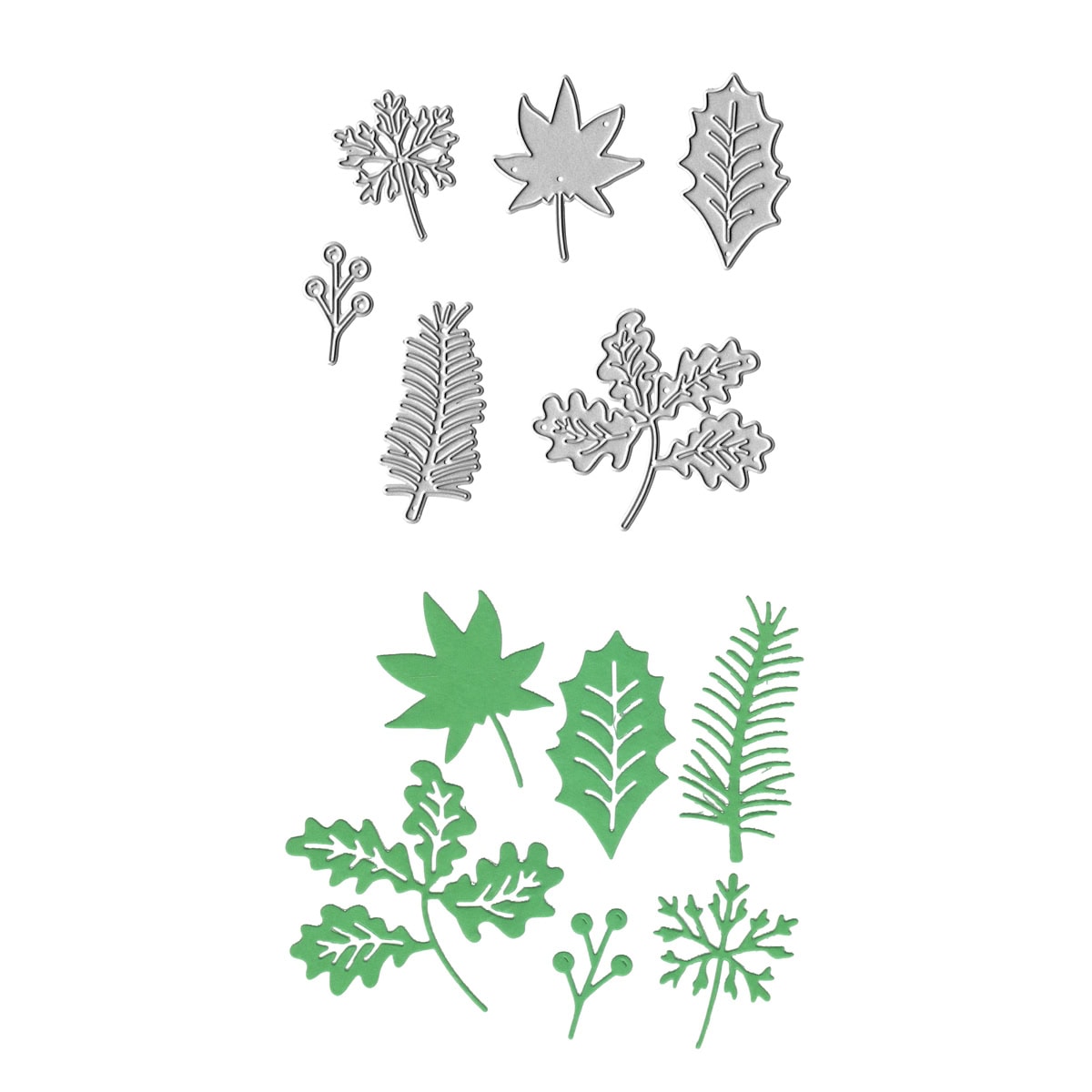 Die Stanzschablone verschiedene Blätter von Stanzenshop.de enthält acht Metallstanzen in Blatt- und Beerenform sowie passende grüne Papierausschnitte - ideal für DIY-Ideen oder Bastelprojekte mit Blätter-Designs.