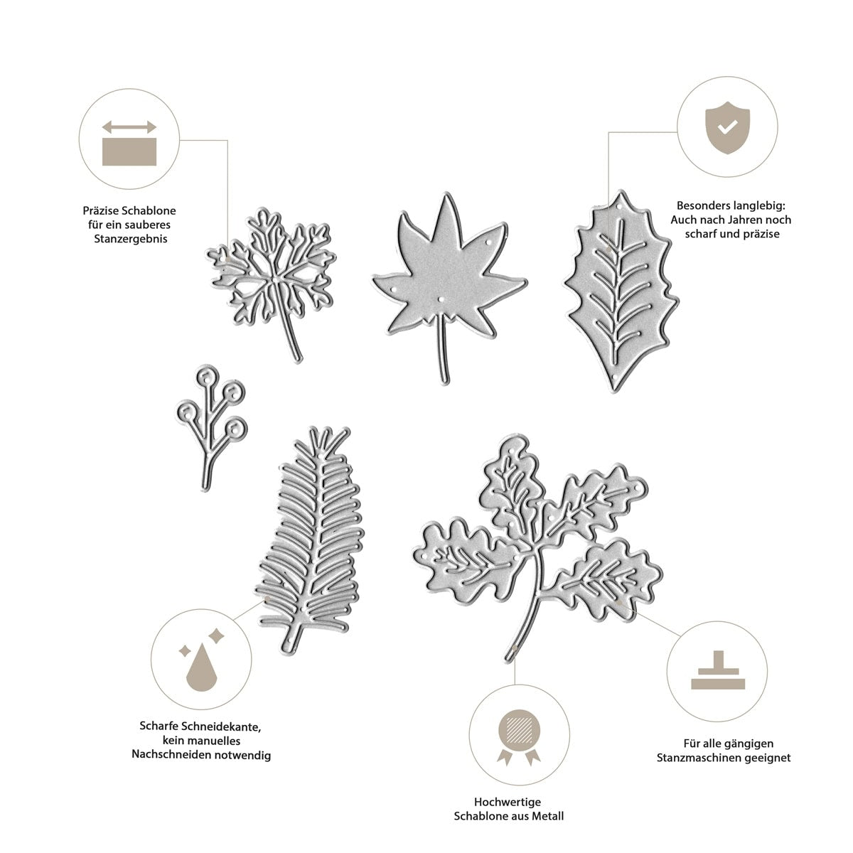 Die Stanzschablone verschiedene Blätter von Stanzenshop.de zeigt scharfe, langlebige Metallschablonen für vielfältige DIY-Ideen und kreative Bastelprojekte - mit Icon-Highlights und deutscher Beschriftung.
