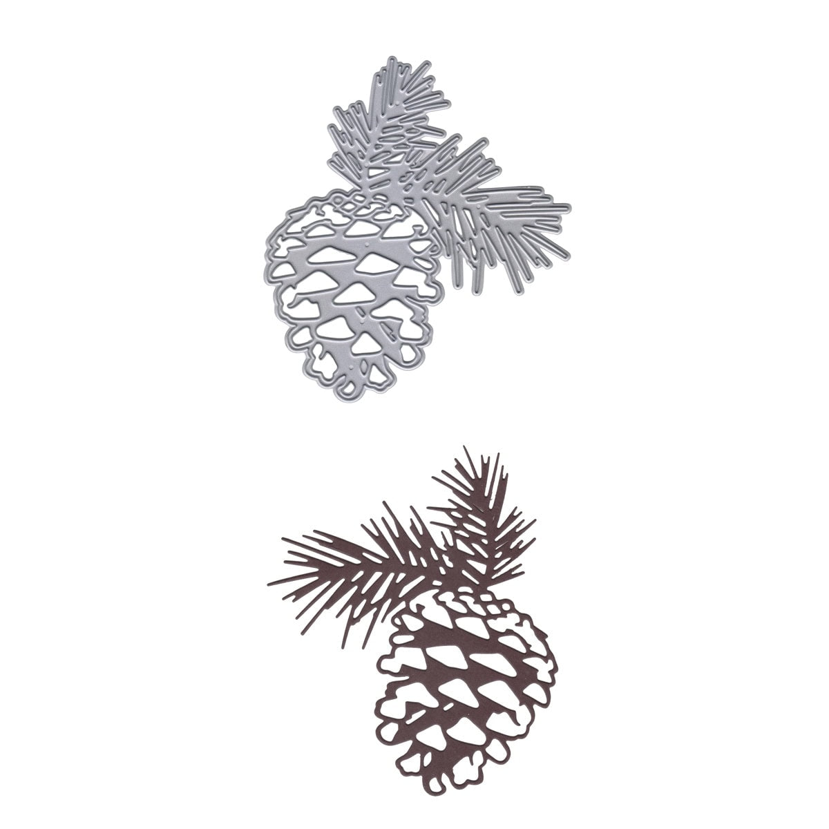 Die Stanzschablone Tannenzapfen mit Zweigen von Stanzenshop.de, geformt wie ein Tannenzapfen mit Nadeln, ist über einem braunen Papierausschnitt abgebildet, der mit der Stanze hergestellt wurde - ideal für winterliche Deko oder Karten basteln.