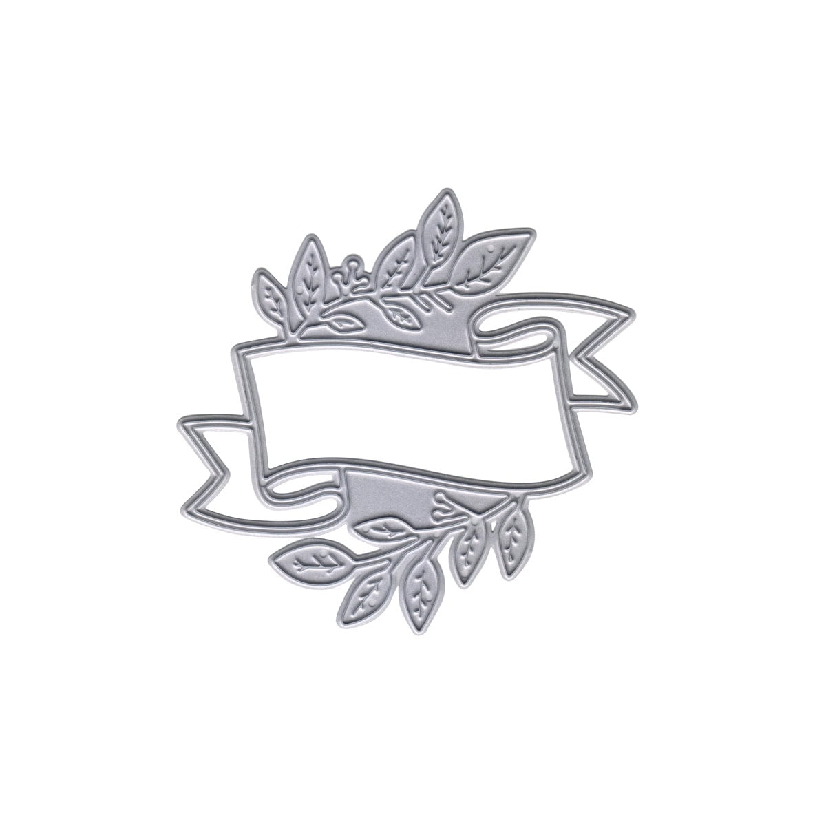 Die Stanzschablone Banner mit Blättern von Stanzenshop.de bietet einen filigranen Rahmen mit silberner Umrandung, ein leeres Banner und Blattakzente, ideal für herzliche Grüße.
