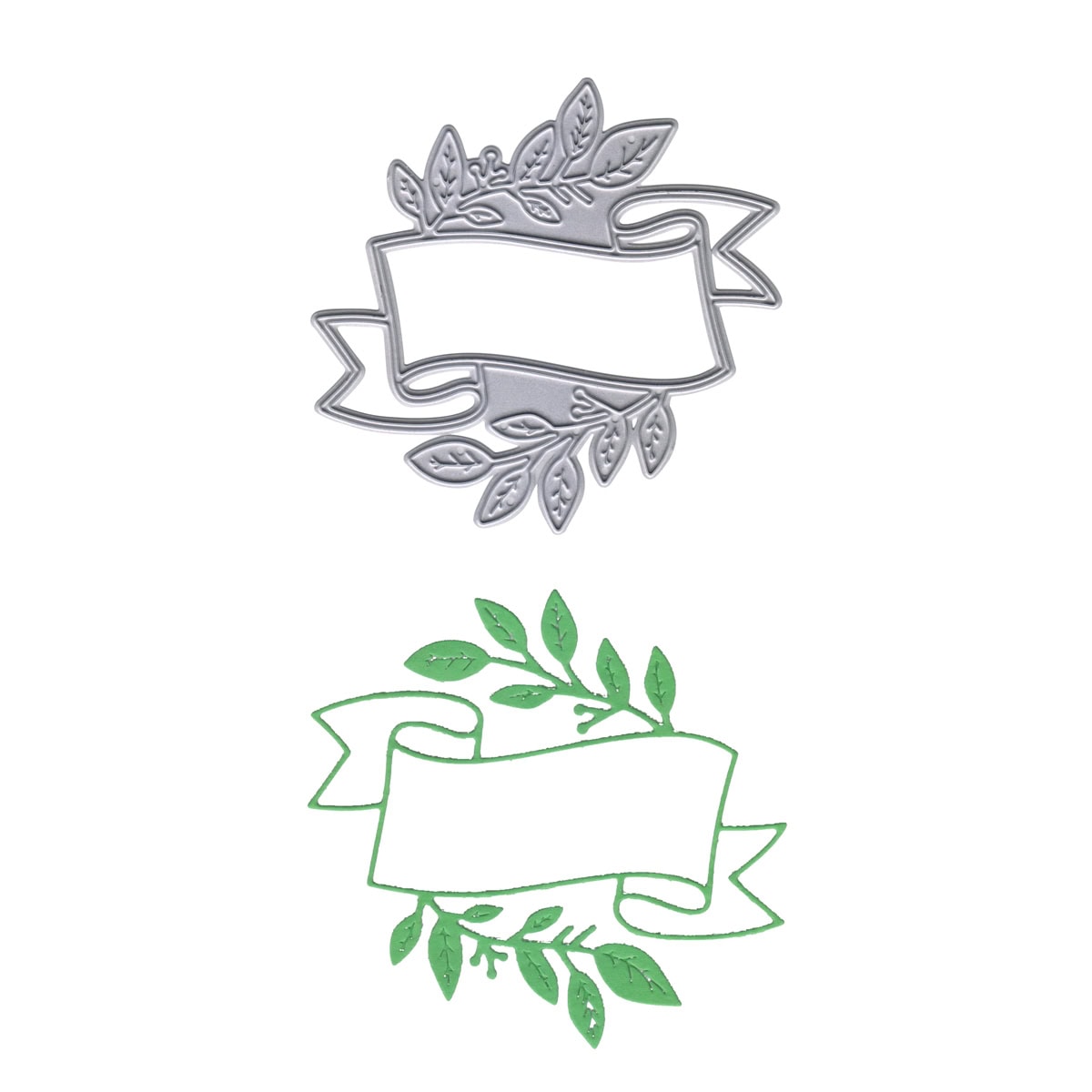 Die Stanzschablone Banner mit Blätter von Stanzenshop.de enthält zwei vielseitige, dekorative Banner in Metallic-Silber und Grün mit Blattmotiven und eleganten Freiflächen für Texte.