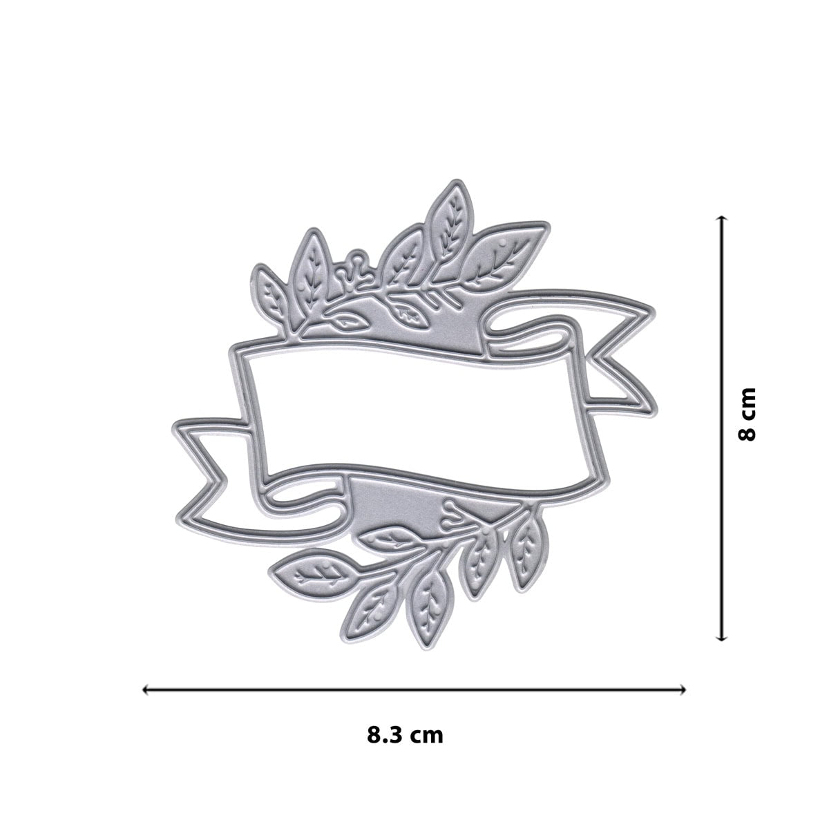 Stanzschablone Banner mit Blättern von Stanzenshop.de: Filigranes, silbernes Banner mit Blättermotiv (8,3 x 8 cm) - ideal für kreative Projekte.