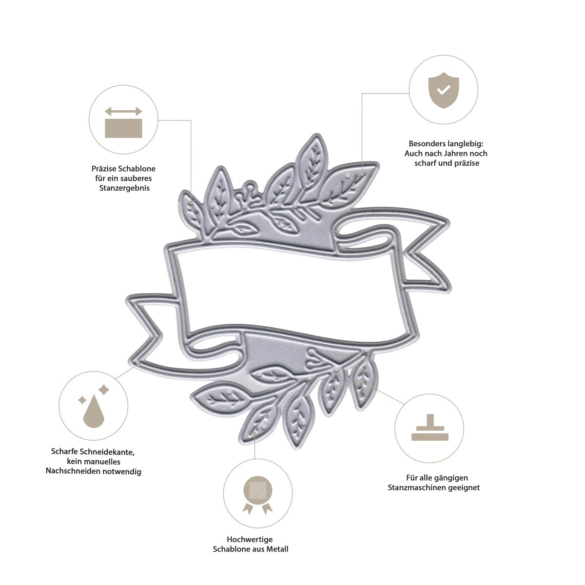 Die Stanzschablone Banner mit Blättern von Stanzenshop.de ist eine präzise, langlebige Metallstanze für Banner mit Blättern, gelobt für scharfe Kanten und perfekte Passform - ideal für liebevolle Grüße und kreative Stanzprojekte.