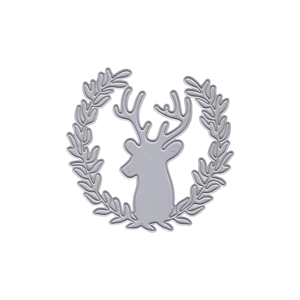 Die Stanzschablone Hirsch im Zweigkranz von Stanzenshop.de zeigt einen Hirschkopf mit Geweih im Kranz - ideal für Bastelprojekte oder als besonderer Hirsch-Akzent.