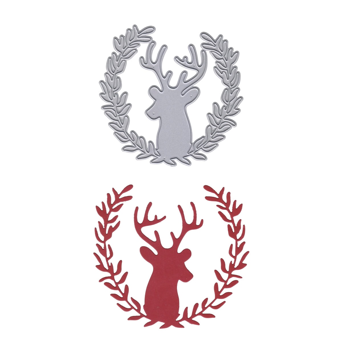 Die Stanzschablone Hirsch im Zweigkranz von Stanzenshop.de bietet zwei Lorbeerkranzmotive mit Hirschkopfsilhouette - eines in metallischem Silber, eines in nicht-metallischem Rot - perfekt zum Stanzen oder Basteln.