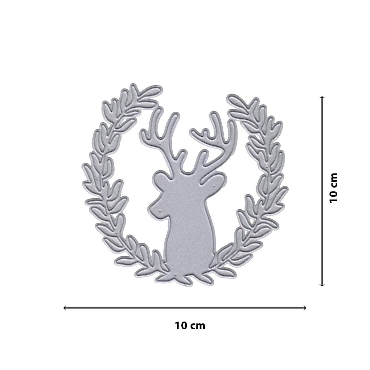 Die Stanzschablone "Hirsch im Zweigkranz" von Stanzenshop.de zeigt einen Hirschkopf im Kranz-Design, ideal für Bastelprojekte. Maße: 10 x 10 cm, Abmessungen sind auf dem Produkt gekennzeichnet.