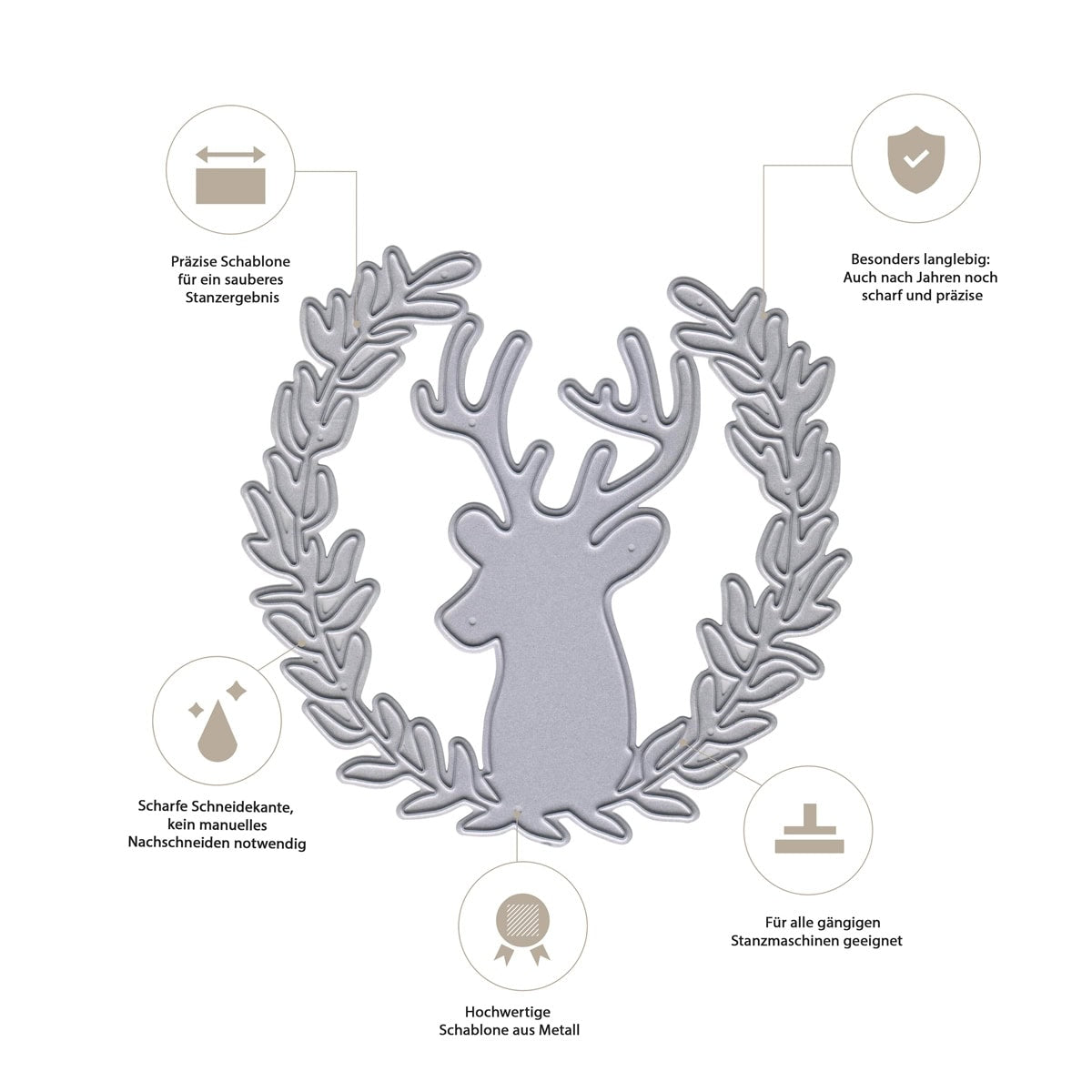 Die "Stanzschablone Hirsch im Zweigkranz" von Stanzenshop.de eignet sich ideal für Bastelprojekte: Sie ist präzise, langlebig und mit verschiedenen Schneidemaschinen kompatibel.