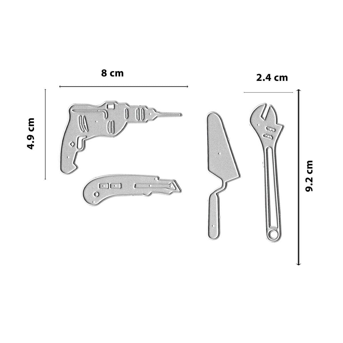Das Stanzschablone Werkzeug-Set Cutter Messer Schraubenschlüssel Kelle von Stanzenshop.de enthält vier silberne Werkzeugformen - Bohrer, Universalmesser, Tortenheber und Schraubenschlüssel - mit beschrifteten cm-Größen für DIY-Projekte oder Männerkarten.