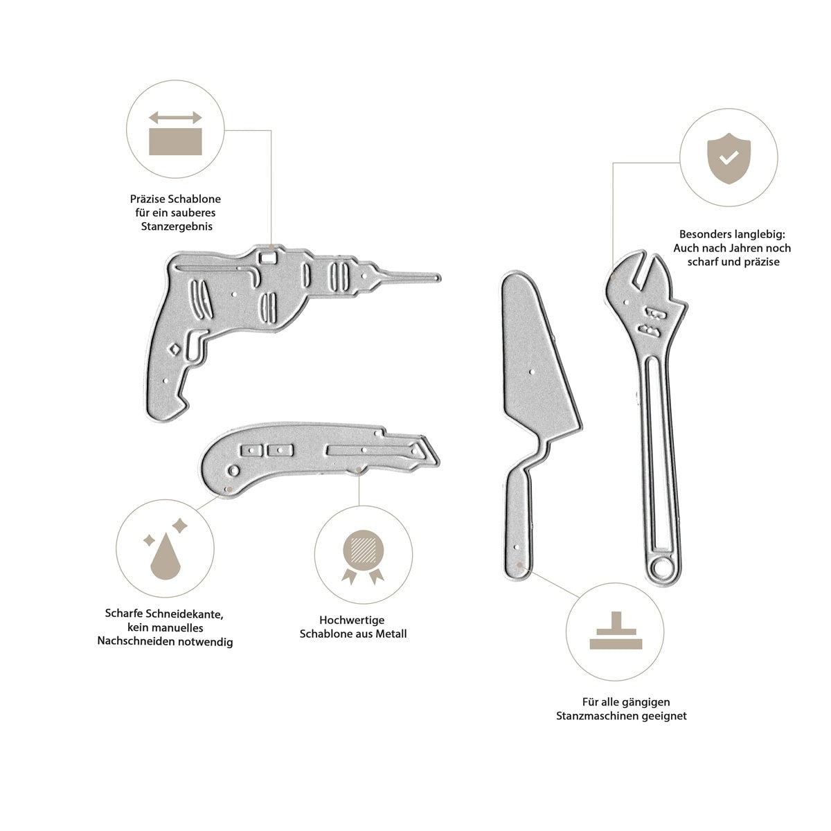 Das Stanzenshop.de Stanzschablone Werkzeug-Set enthält fünf Metallschablonen (Cutter, Messer, Schraubenschlüssel, Kelle), ideal für Männerkarten und DIY-Projekte mit deutschen Icons für Schärfe und Haltbarkeit.