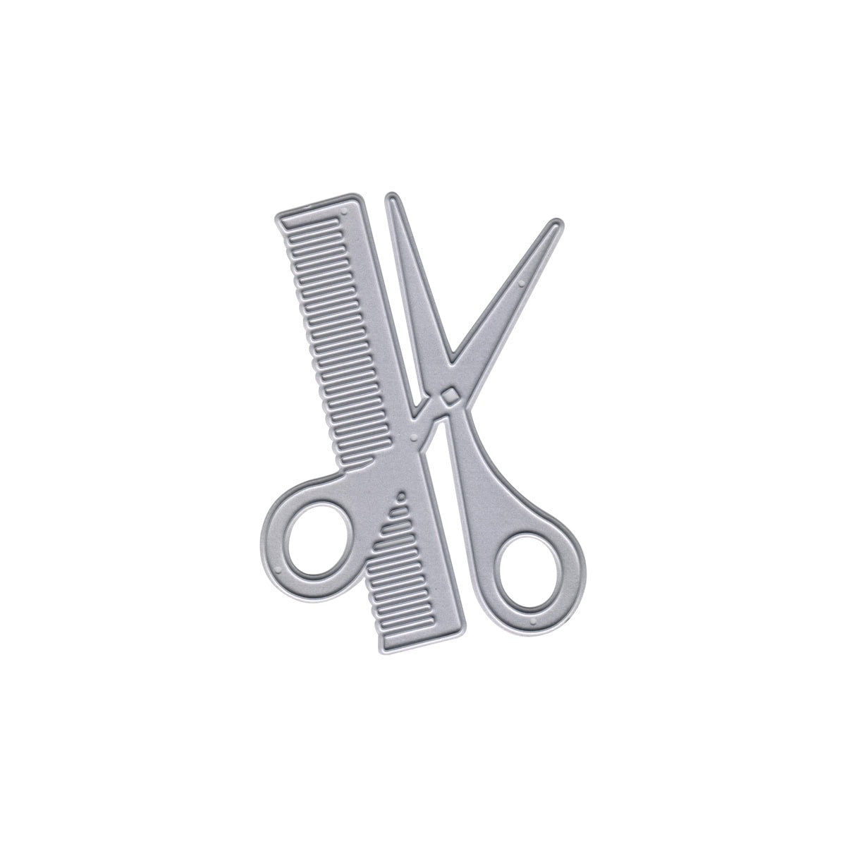 Die Stanzschablone Schere mit Kamm im Friseurlook von Stanzenshop.de zeigt ein metallisches Motiv aus Schere und Kamm - ideal für kreative Karten oder DIY-Geschenke rund ums Thema Friseur.