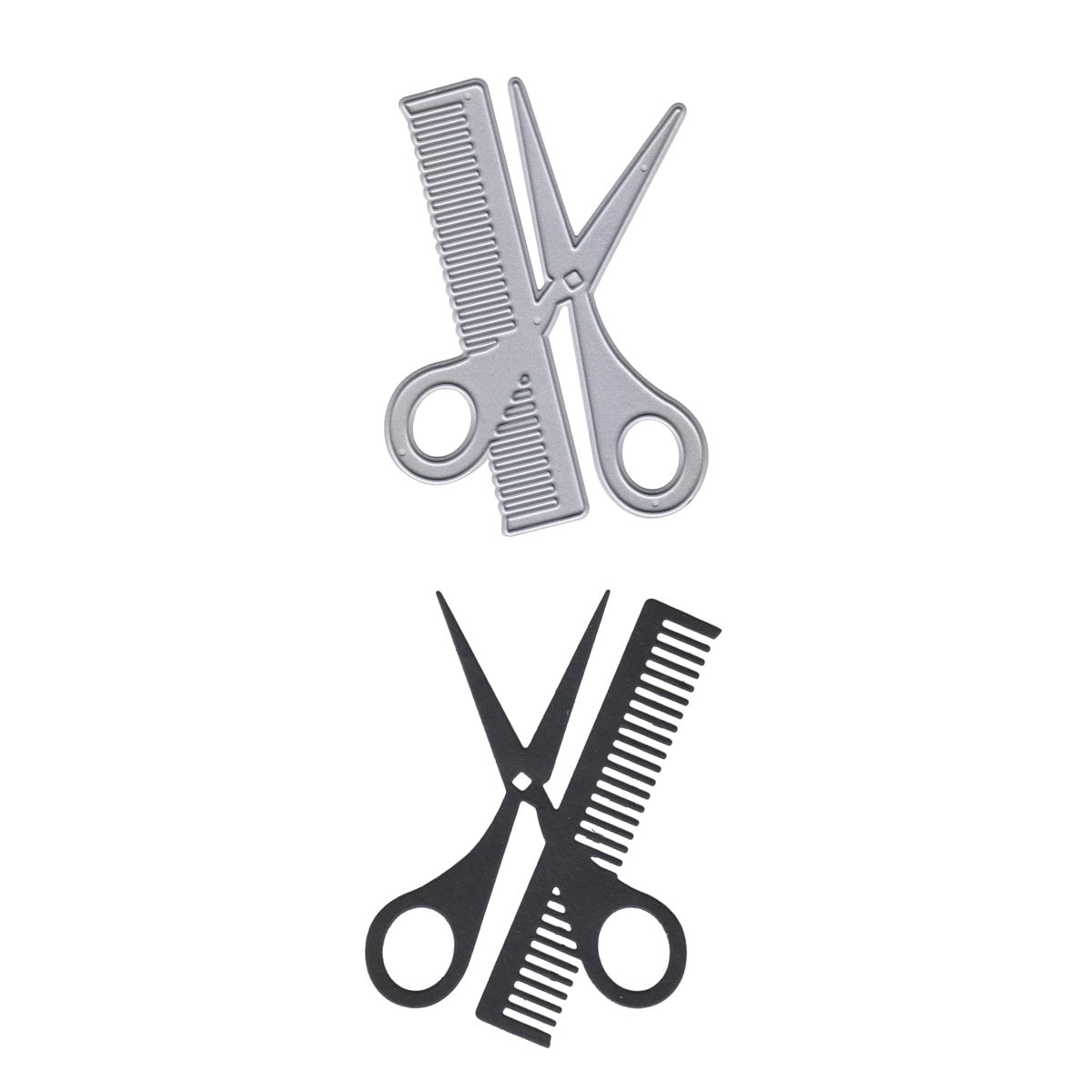 Die Stanzschablone "Schere mit Kamm im Friseurlook" von Stanzenshop.de zeigt zwei gekreuzte Scheren mit silbernem und schwarzem Kamm auf Weiß - ideal für kreative Friseur-Karten oder DIY-Geschenke.