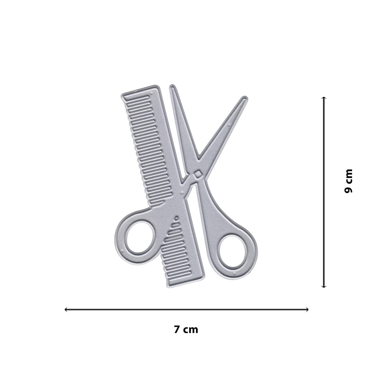 Die Stanzschablone Schere mit Kamm im Friseurlook von Stanzenshop.de ist 9 cm hoch und 7 cm breit - ideal für kreative Karten oder DIY-Geschenke mit Friseurthema. Die Dimensionen sind auf dem Produktbild sichtbar.
