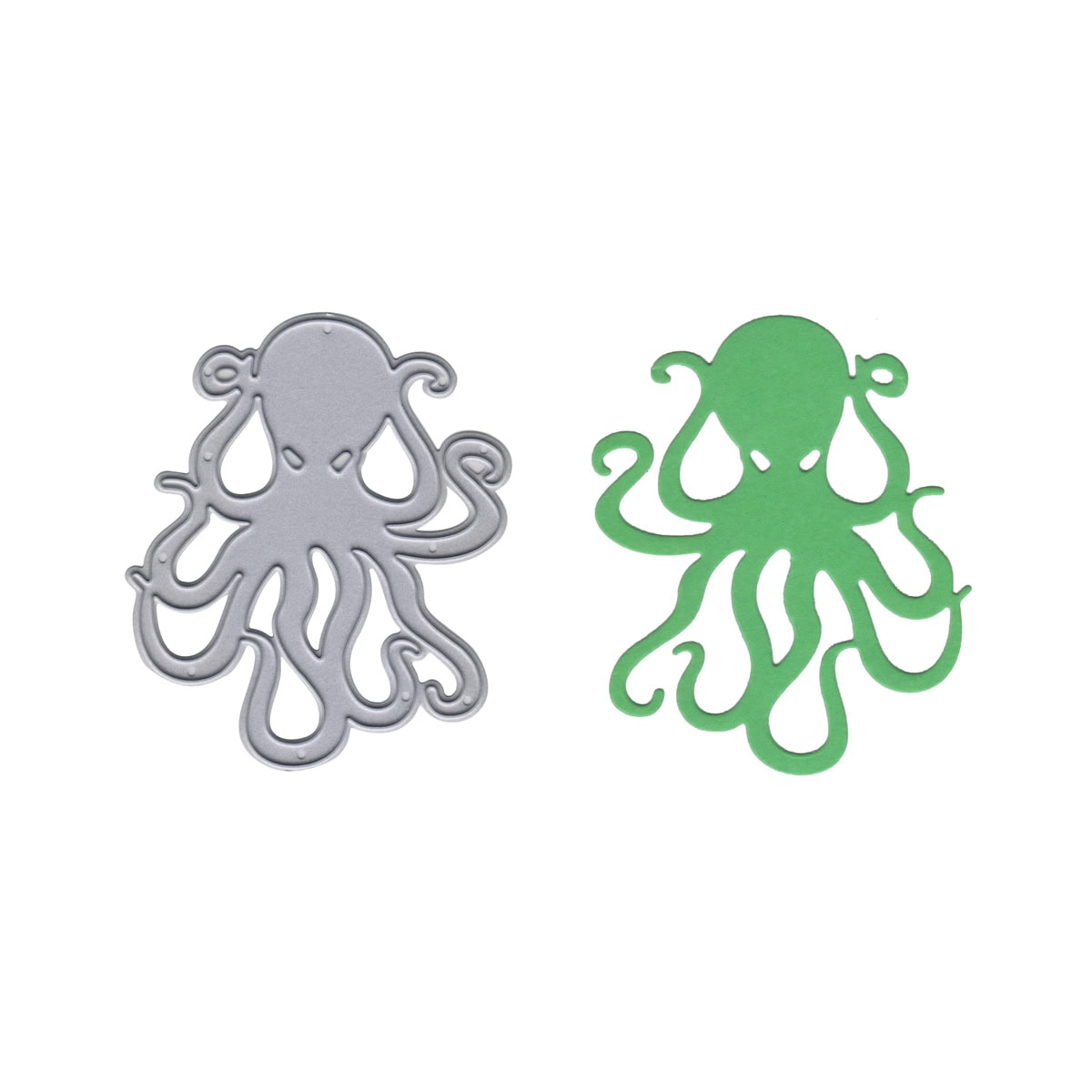Ein Stanzschablone Oktopus von Stanzenshop.de aus Metall und ein grüner Papier-Oktopus, beide mit gewellten Armen, liegen nebeneinander auf weißem Hintergrund - ideal für maritime DIY-Projekte oder kreative Meereswelten.