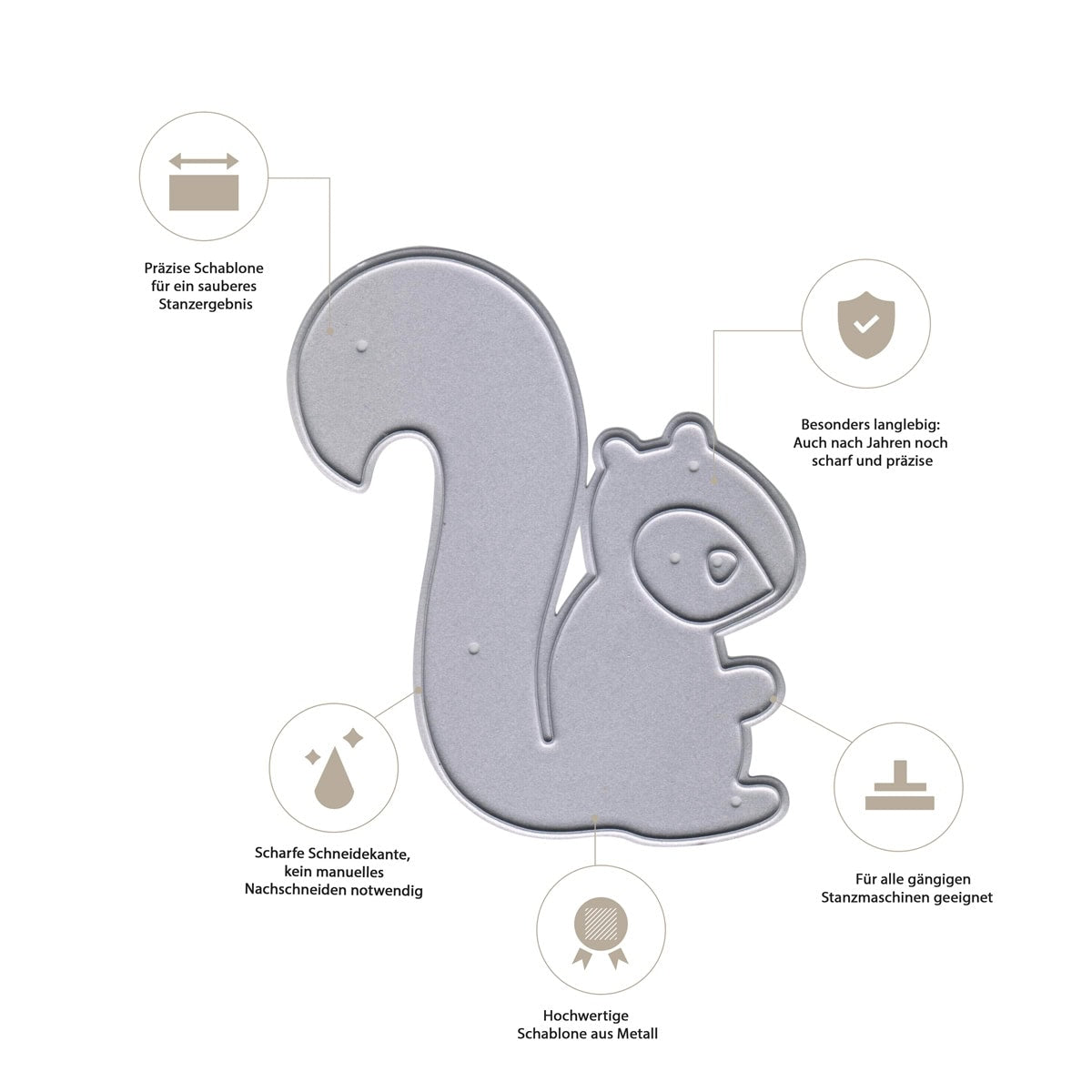 Die Stanzschablone Eichhörnchen mit buschigem Schwanz von Stanzenshop.de ist eine Metallstanze mit präzisen, haltbaren scharfen Kanten und hochwertiger Qualität - ideal für Scrapbook und Bastelideen.