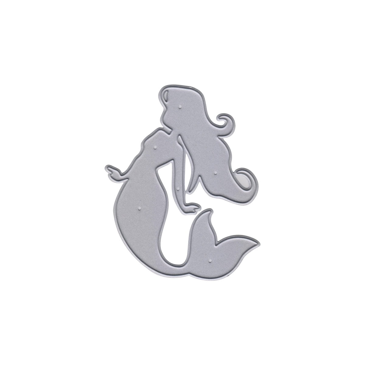 Die Stanzschablone Meerjungfrau von Stanzenshop.de ist eine silberne Stanzform einer Meerjungfrau mit wehendem Haar, links auf weiß - ideal für Bastelprojekte zum Thema Unterwasserwelten.