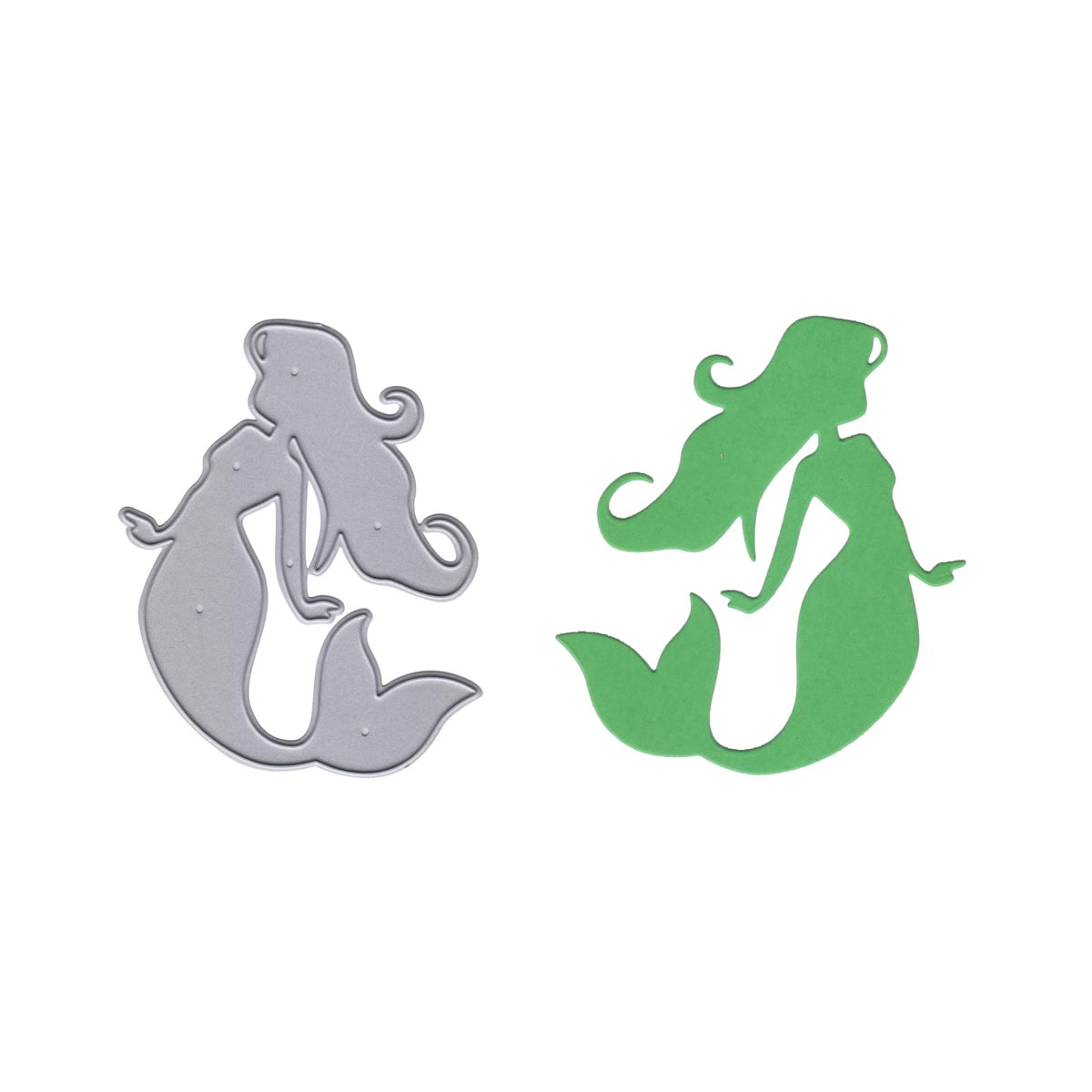 Die Stanzschablone Meerjungfrau von Stanzenshop.de wird neben einer grünen Meerjungfrauenausstechform gezeigt - ideal für Bastelprojekte und um kreative Unterwasserwelten zum Leben zu erwecken.