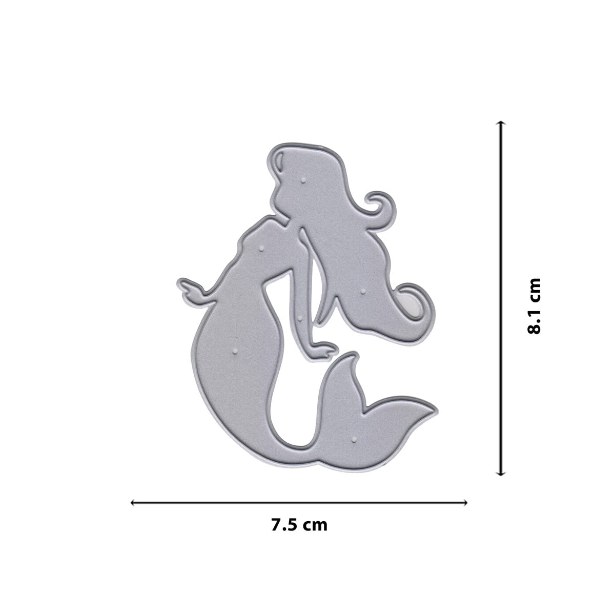 Die Stanzschablone Meerjungfrau von Stanzenshop.de ist aus silbernem Metall, misst 8,1 cm x 7,5 cm und eignet sich ideal für Bastelprojekte mit Unterwasserwelten-Motiven.