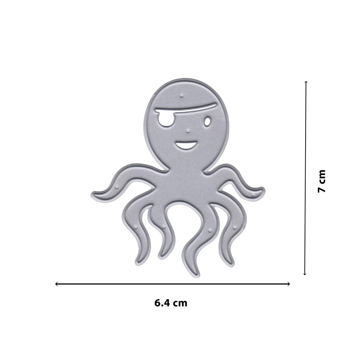 Die Stanzschablone Tintenfisch Pirat von Stanzenshop.de ist ein grauer Metallwürfel in Form einer lächelnden Krake mit Piratenaugenklappe, 6,4 x 7 cm - ideal für Bastelprojekt Kinder oder Piraten Geburtstag!.