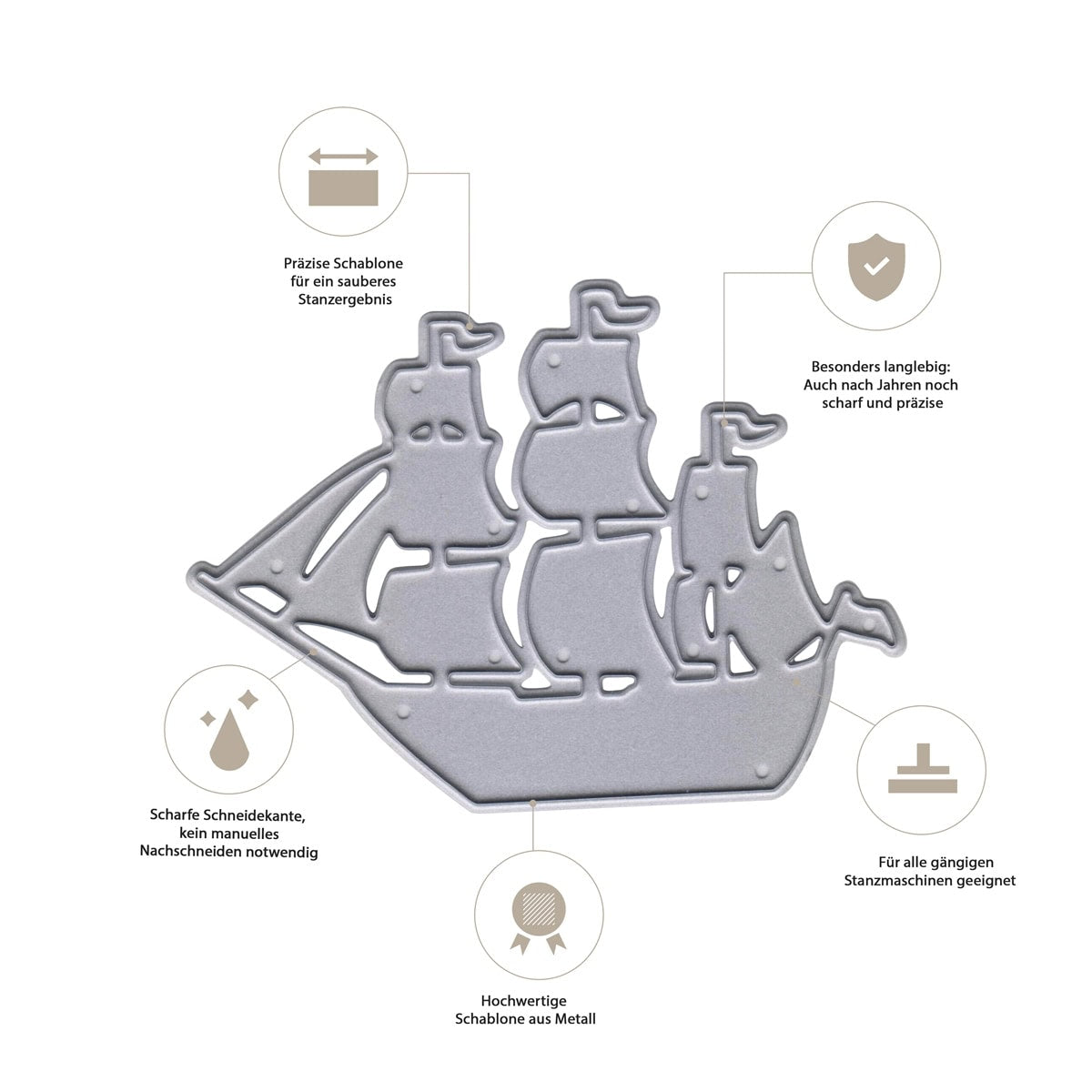 Die "Stanzschablone Segelschiff mit drei Masten" von Stanzenshop.de überzeugt durch präzise Verarbeitung, langlebiges Material, scharfe Stanze-Kanten und vielseitige Nutzung für kreative Bastelideen mit Stanzmaschinen.