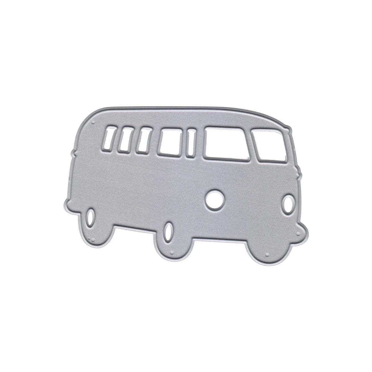 Die Stanzschablone Retro-Bus von Stanzenshop.de ist eine silberne Metallstanze in Form eines Retro-Busses mit Fenstern und Rädern - ideal für Bastel- und Scrapbooking-Projekte.