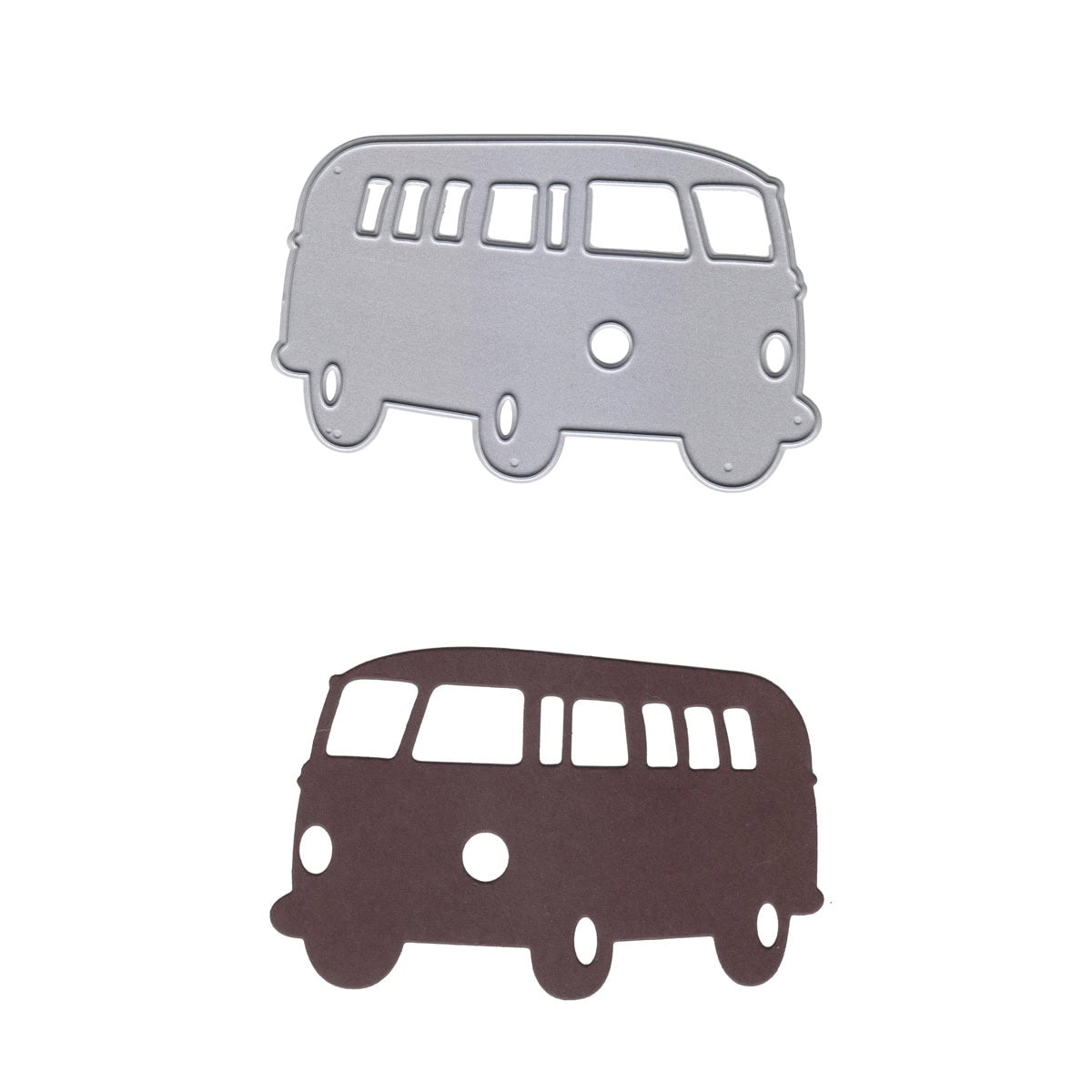 Die Stanzschablone Retro-Bus von Stanzenshop.de erstellt silberne Metallstanzteile in Form eines Retro-Busses, die über einem schwarzen Papierausschnitt abgebildet sind - ideal für nostalgische Bastelprojekte.