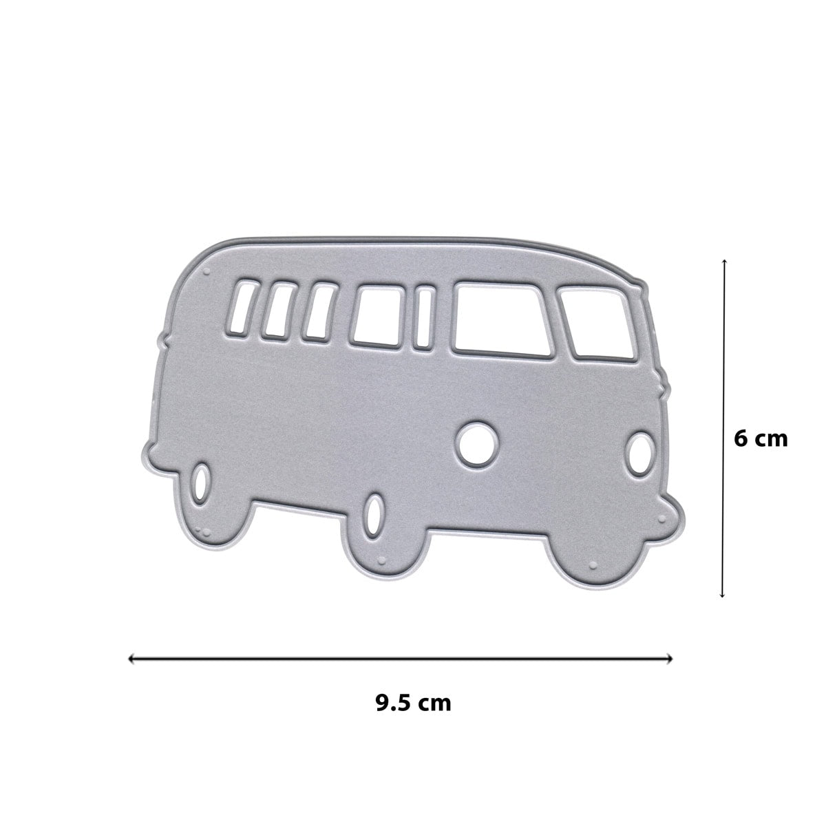 Die Stanzschablone Retro-Bus von Stanzenshop.de ist eine Stanzform in Form eines Lieferwagens mit den Maßen 9,5 x 6 cm, abgebildet auf weißem Hintergrund mit beschrifteten Maßen - ideal zum Stanzen und Basteln.