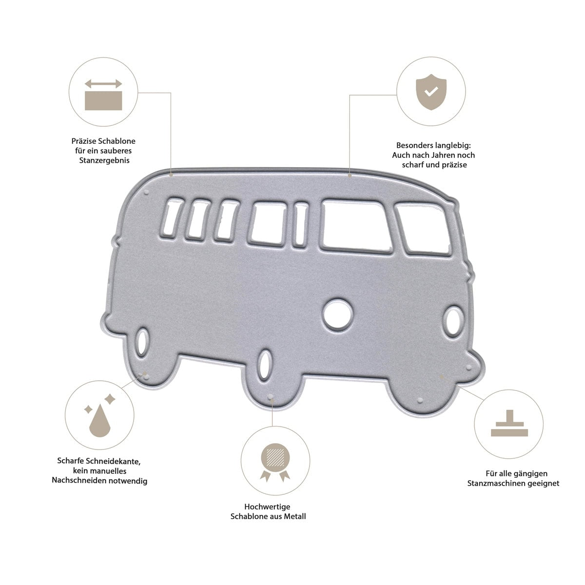 Die Stanzschablone Retro-Bus von Stanzenshop.de bietet vier deutsche Merkmale: scharfe Kanten, hochwertiges Metall, universelle Passform und langlebige Präzision - ideal für kreative Bastelprojekte!.