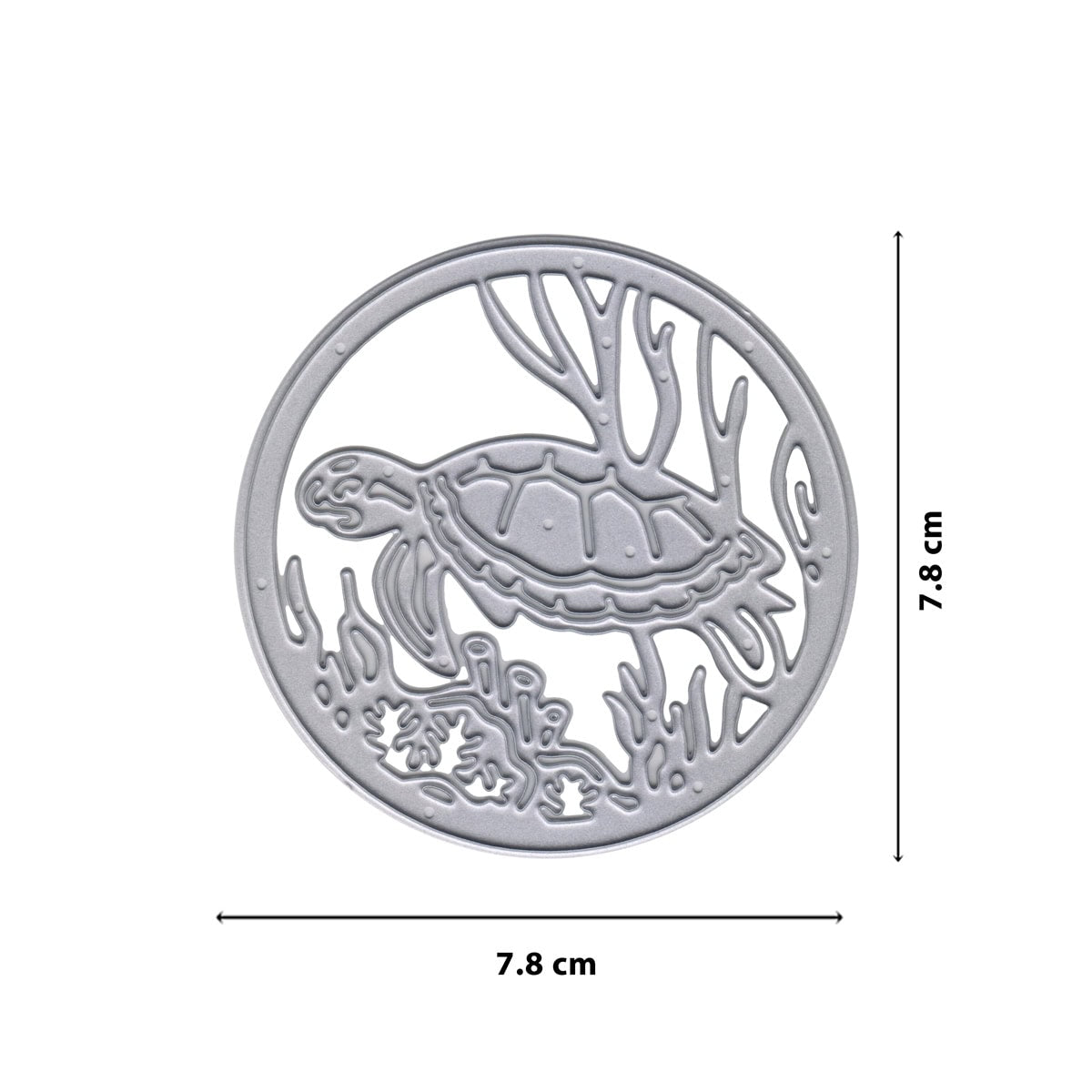 Die Stanzenshop.de Stanzschablone "Meeresschildkröte im Korallenriff" ist eine Metallschablone (7,8 x 7,8 cm) in Schildkrötenform und verleiht Bastelprojekten maritimes Flair.