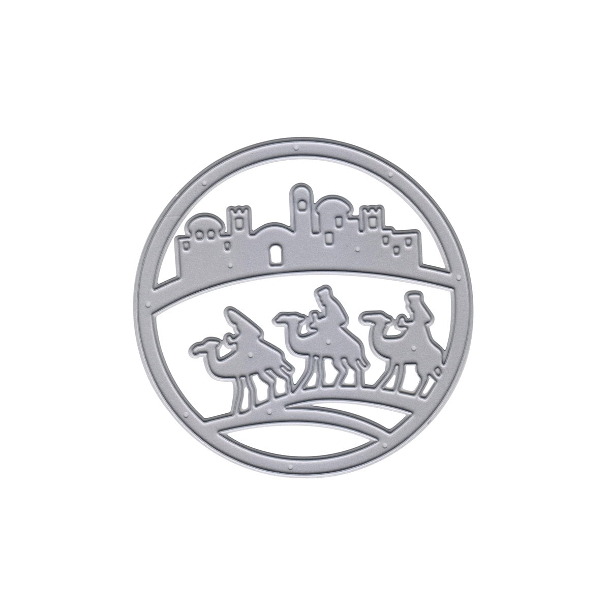 Die Stanzschablone Heilige Drei Könige im Kreis von Stanzenshop.de ist ein kreisförmiger Ornamentstempel, der die Heiligen Drei Könige mit Kamelen vor einer Stadtsilhouette zeigt und an den Zauber ihrer Reise nach Bethlehem erinnert.