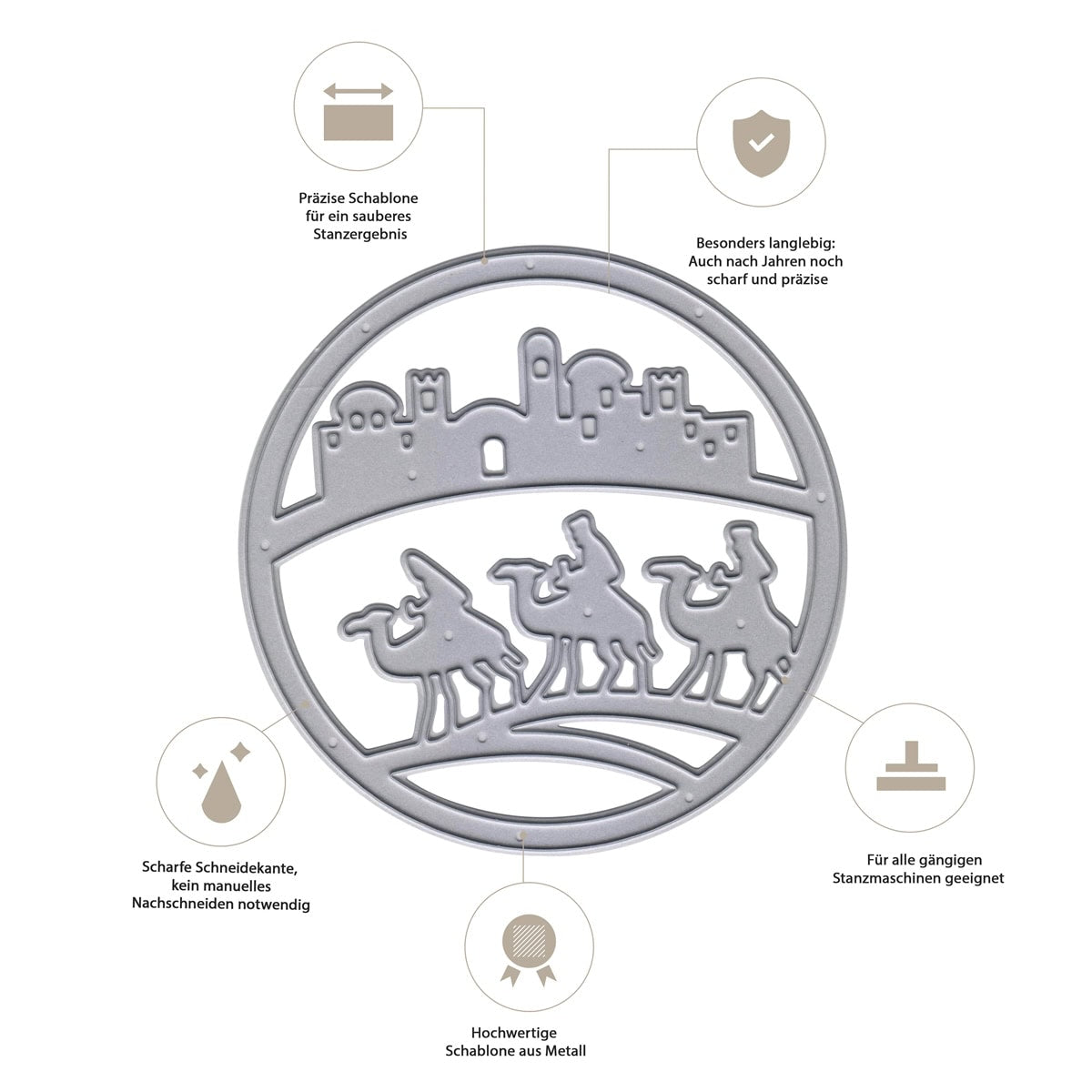 Die Stanzschablone Heilige Drei Könige im Kreis von Stanzenshop.de ist ein runder Metallstempel mit einer Krippenszene, deutschem Text und Symbolen - ideal zum Karten basteln und zum Verleihen von orientalischem Flair für Ihre kreativen Projekte.