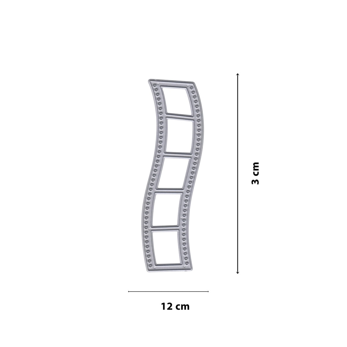 Die Stanzschablone Filmstreifen von Stanzenshop.de ist ein geschwungener Metallrahmen mit kleinen kreisförmigen Details, 12 x 3 cm groß - ideal für Bastelideen oder Fotoprojekte, abgebildet auf weißem Hintergrund.