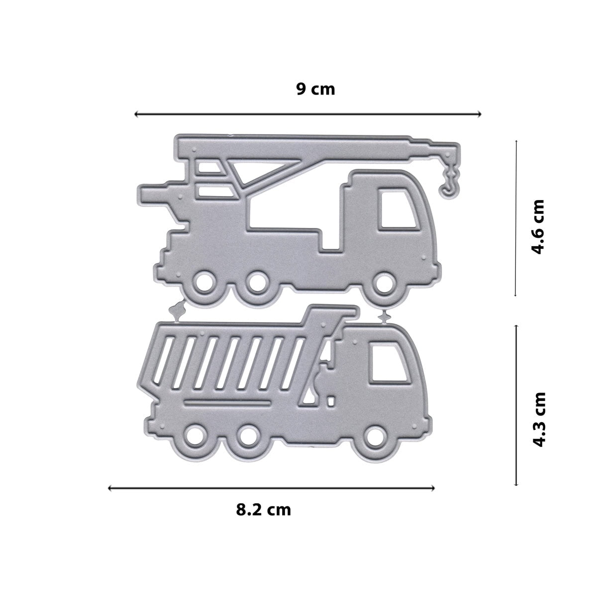 Die Stanzschablone Laster und Kran von Stanzenshop.de enthält zwei Metallic-Stanzteile - einen Kranwagen (9 x 4,6 cm) und einen Kipper (8,2 x 4,3 cm) - ideal für Scrapbooking- oder Kartenbastelprojekte.