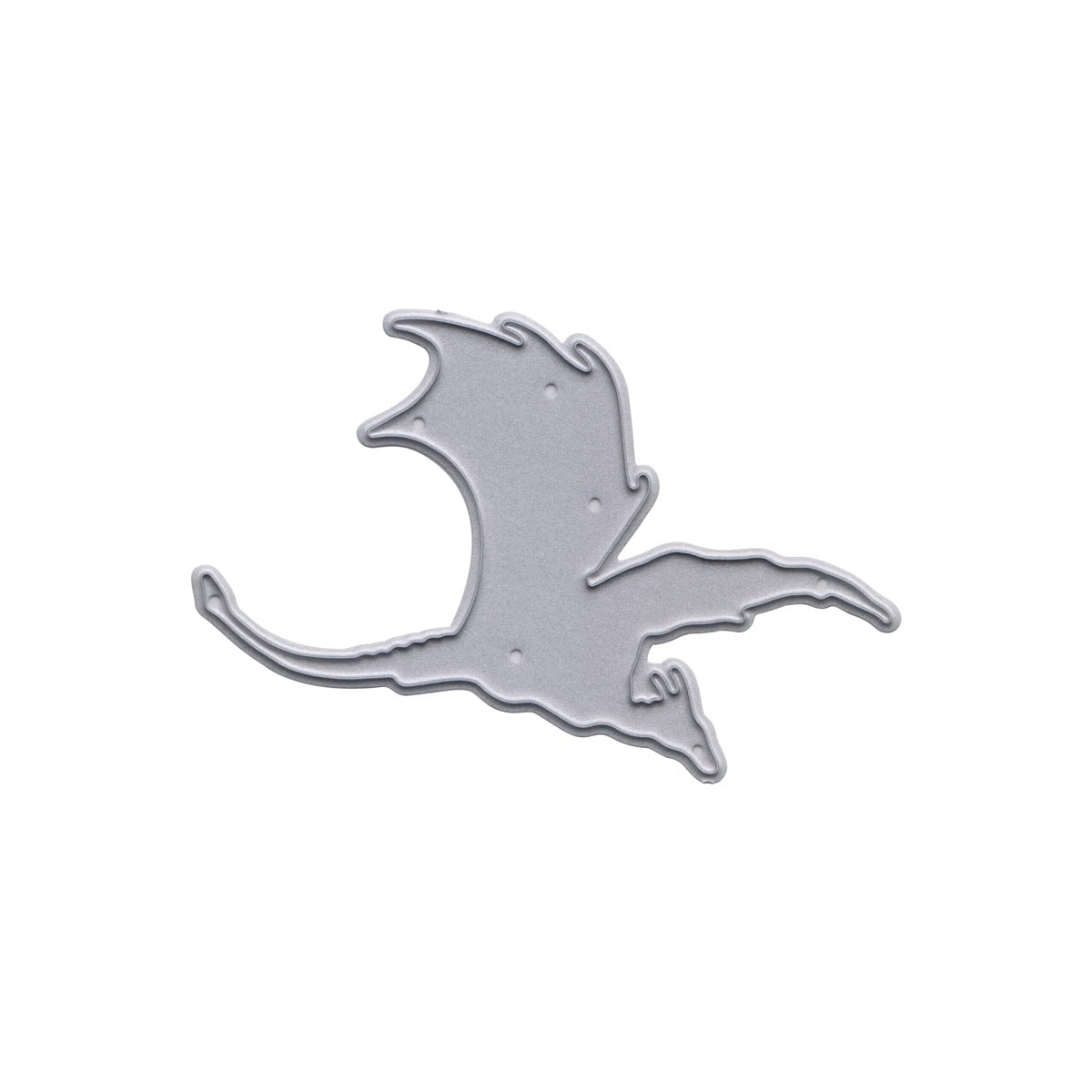 Die Stanzschablone Fliegender Drache von Stanzenshop.de ist ein silberner Metallstempel in Form eines fliegenden Drachens mit ausgebreiteten Schwingen - ideal für Deko, Fantasy-Projekte und DIY-Karten. Glatte silberne Oberfläche auf weißem Hintergrund.