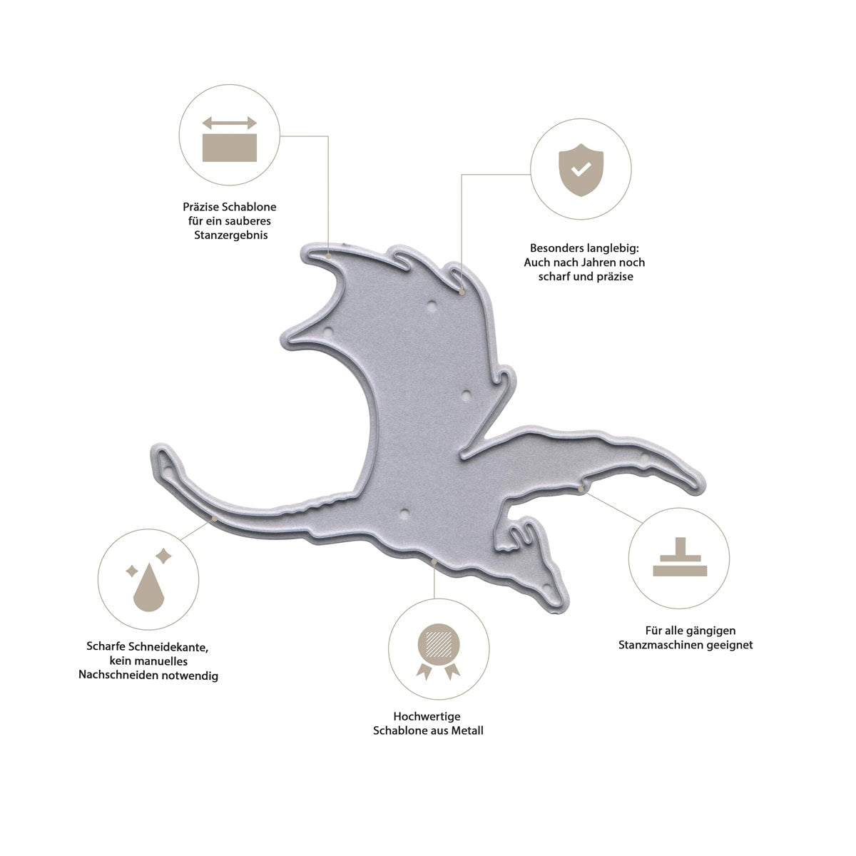 Die Stanzschablone Fliegender Drache von Stanzenshop.de ist eine präzise, langlebige Metallschablone mit scharfen Kanten, ideal für DIY-Karten und Fantasy-Projekte. Sie zeichnet sich durch beste Verträglichkeit und hochwertiges Material aus, umgeben von deutschem Text und Fantasy-Symbolen.